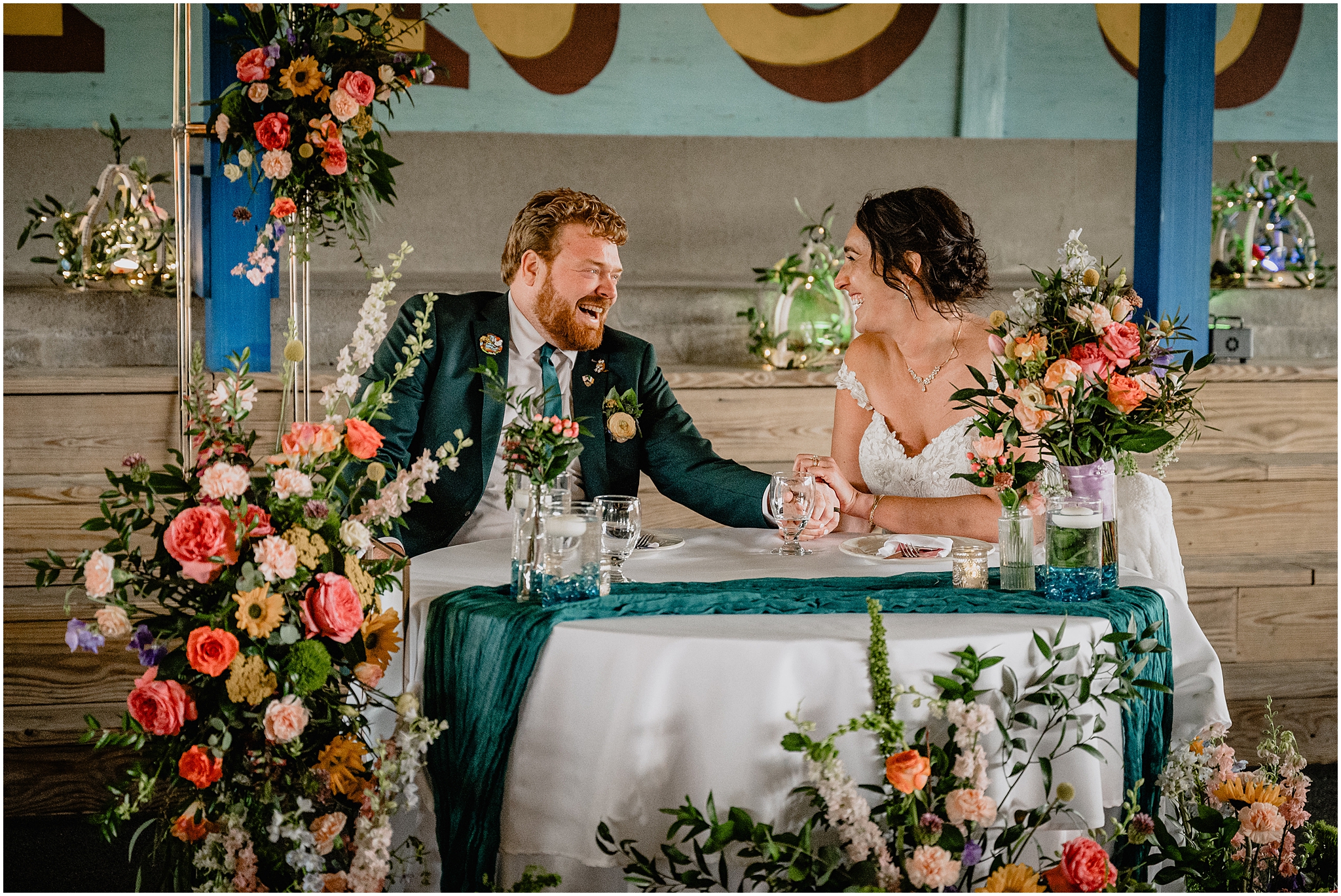 couple's colorful wedding reception at Camp Lindenmere