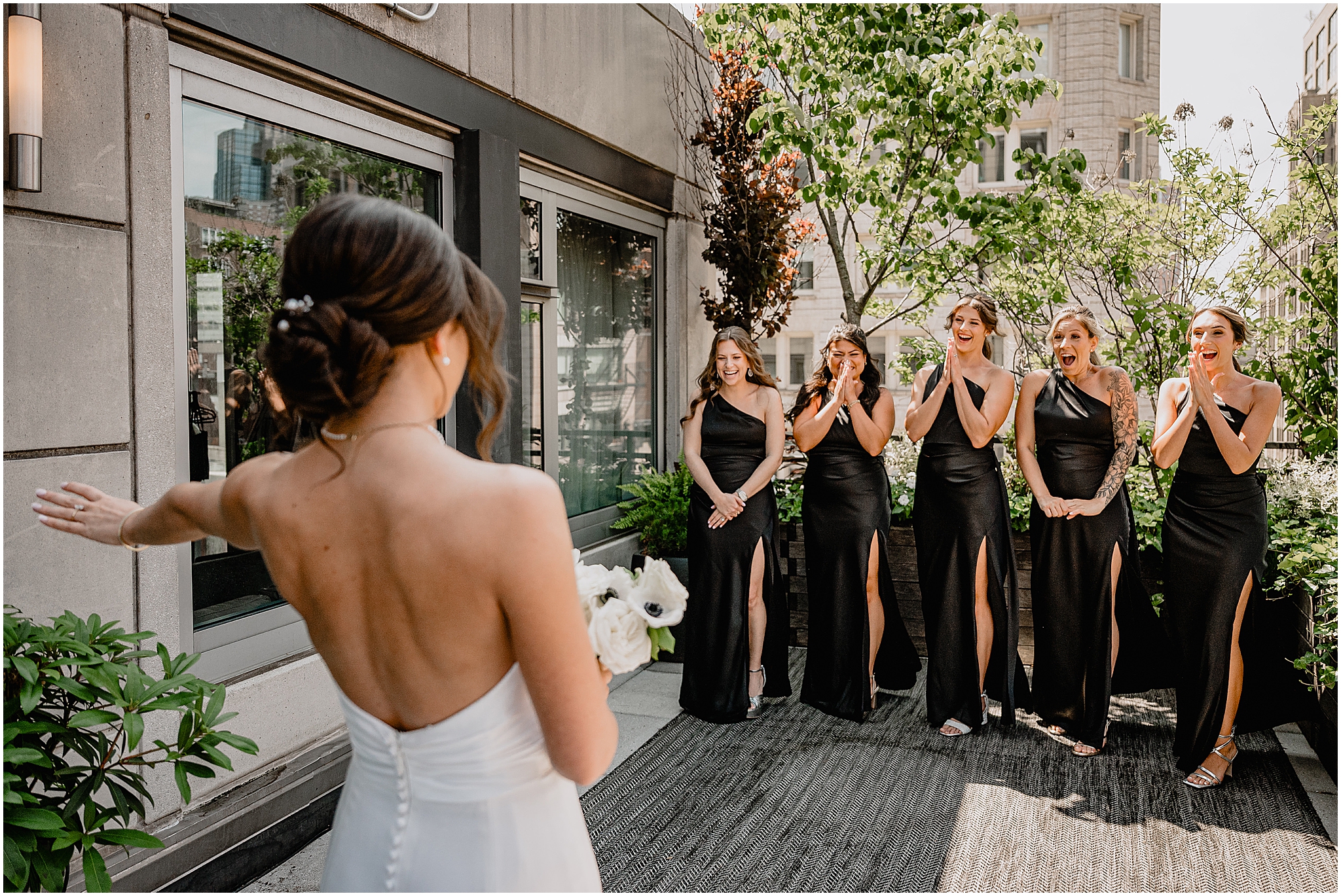 bridesmaid's first look of the bride at the Tribeca Rooftop