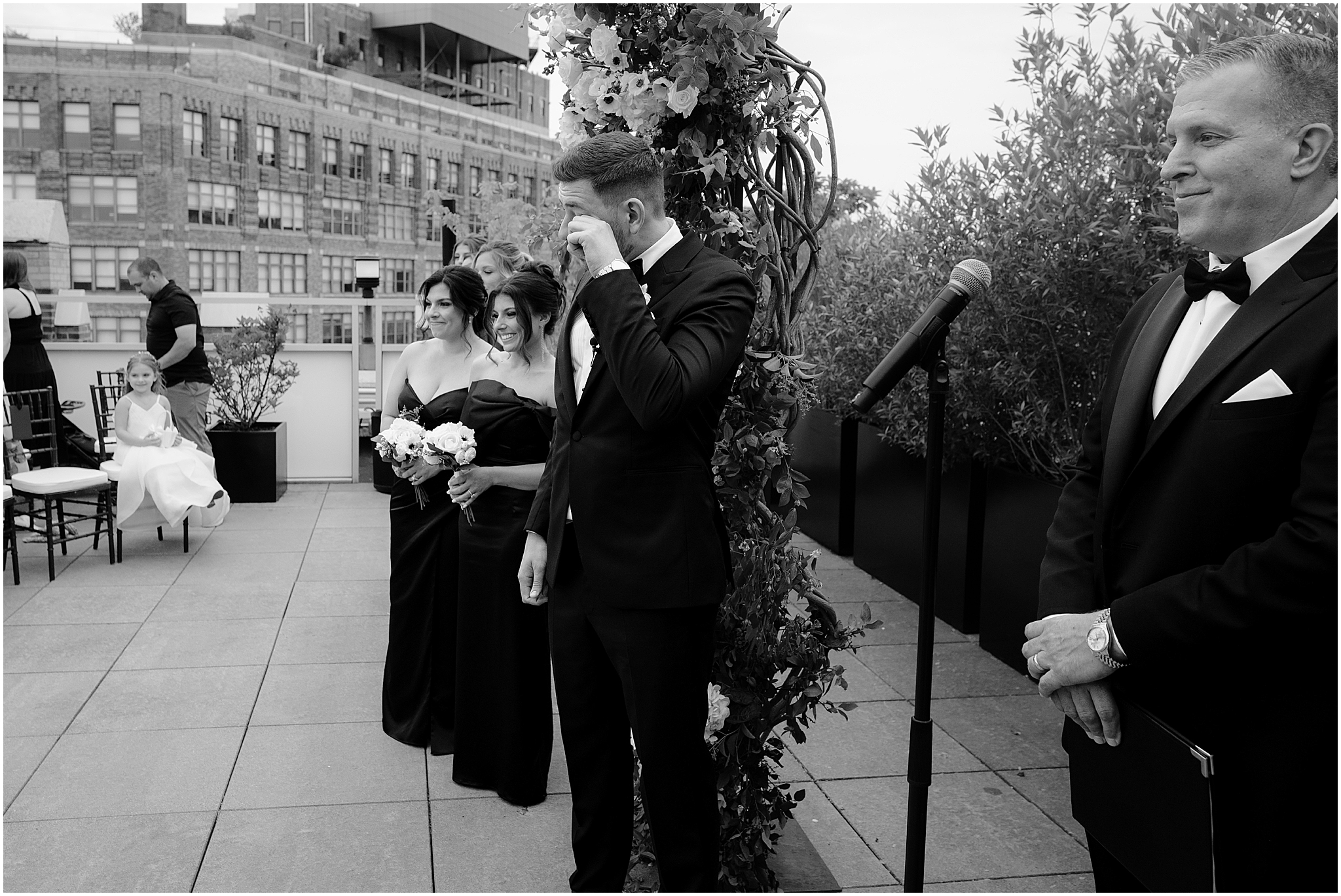 groom waiting down the aisle at their Tribeca Rooftop wedding