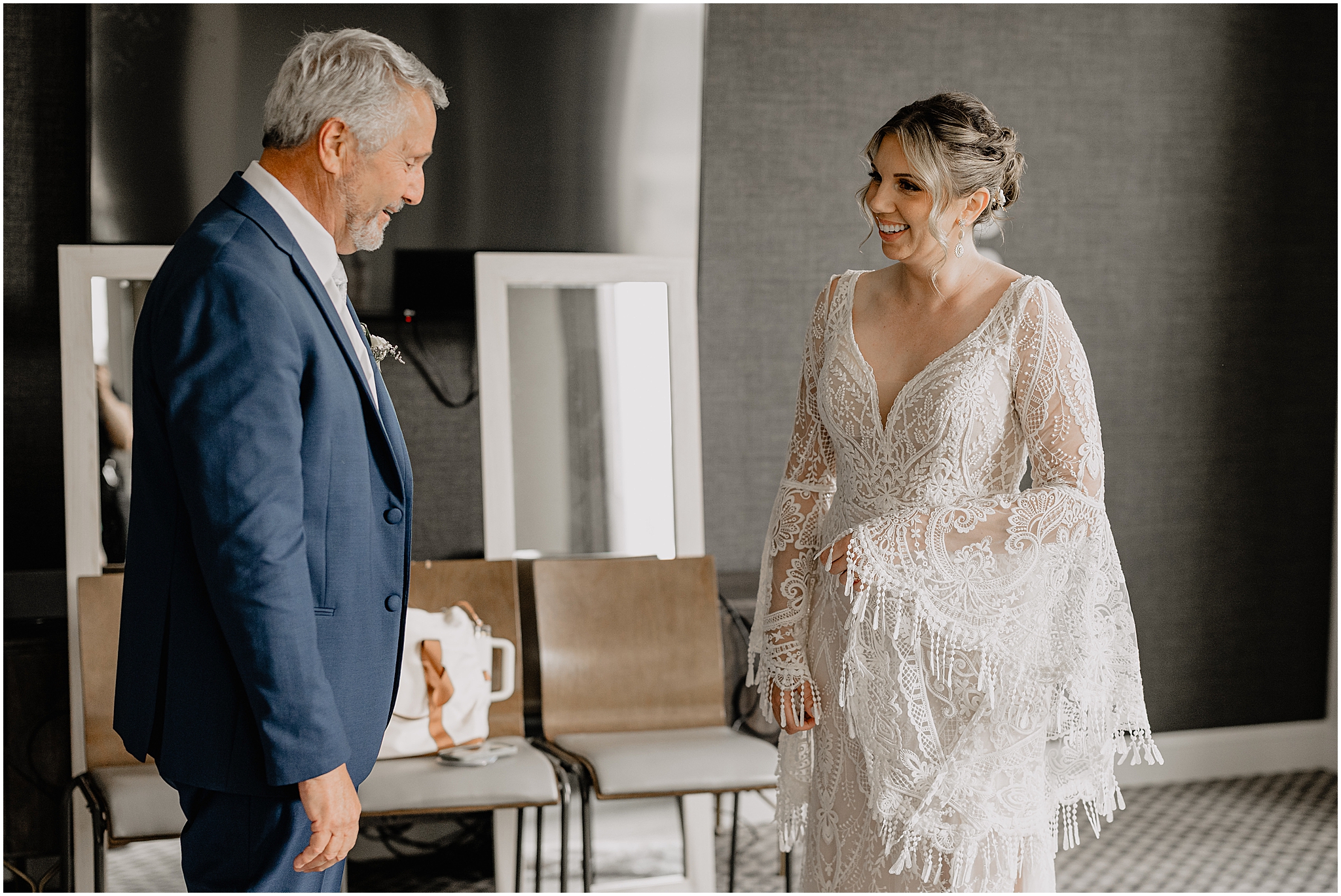 Bride first look with parents before the Unforgettable Porta Montclair Wedding.