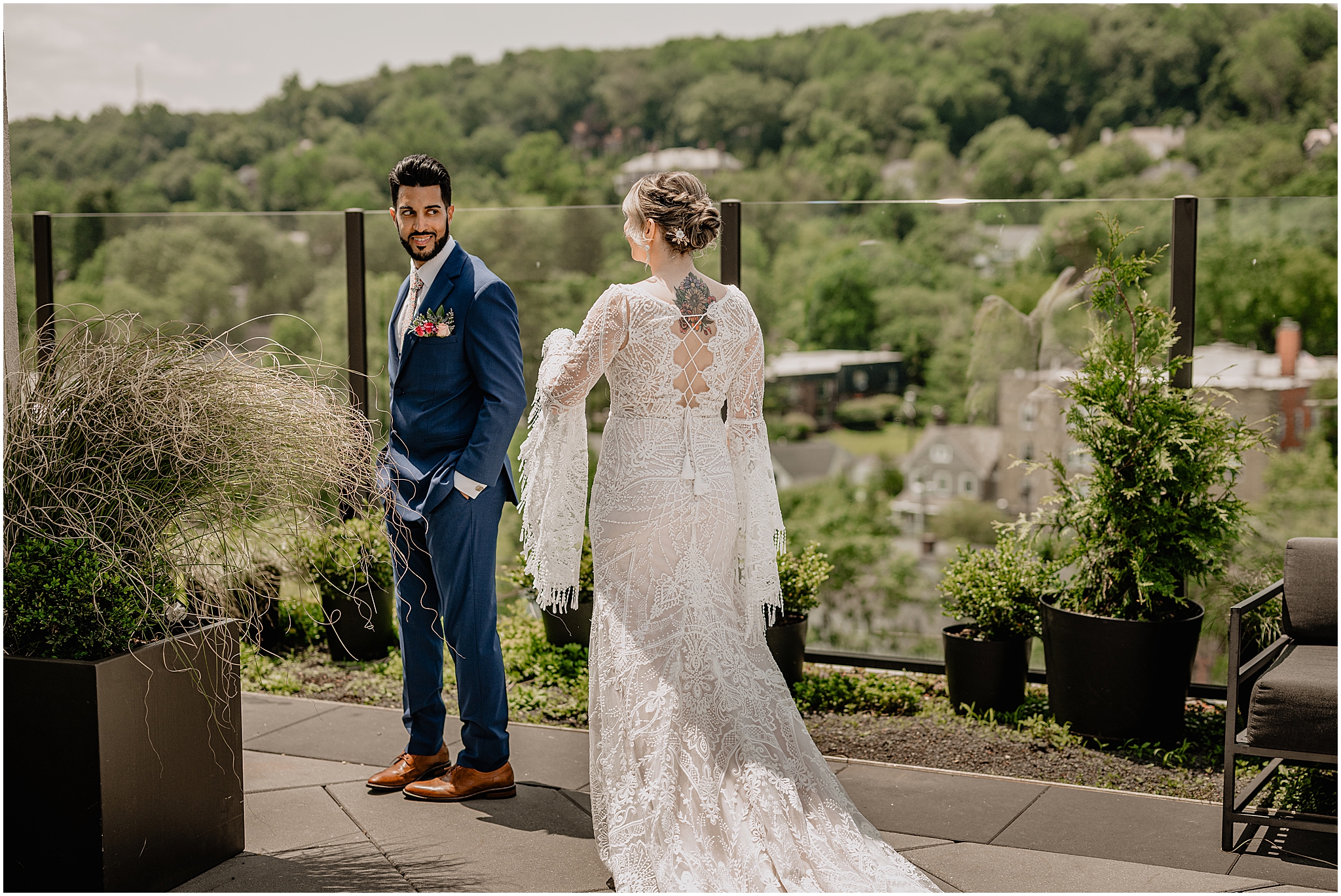 Bride and groom share their first look at their unforgettable Porta Montclair wedding.