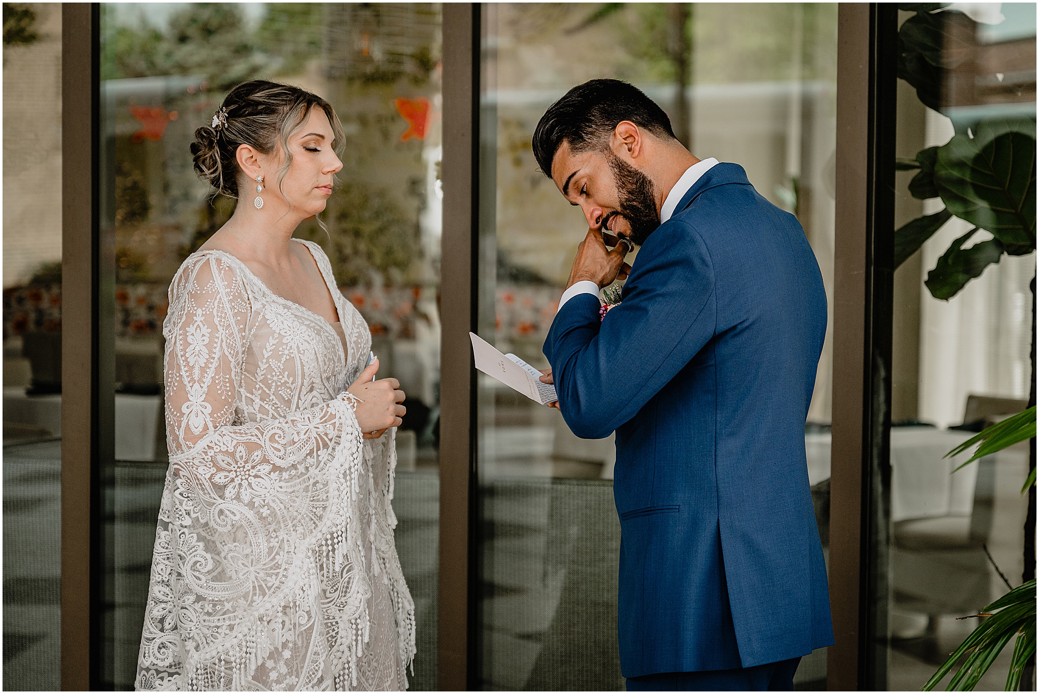 Bride and groom share their first look at their unforgettable Porta Montclair wedding.
