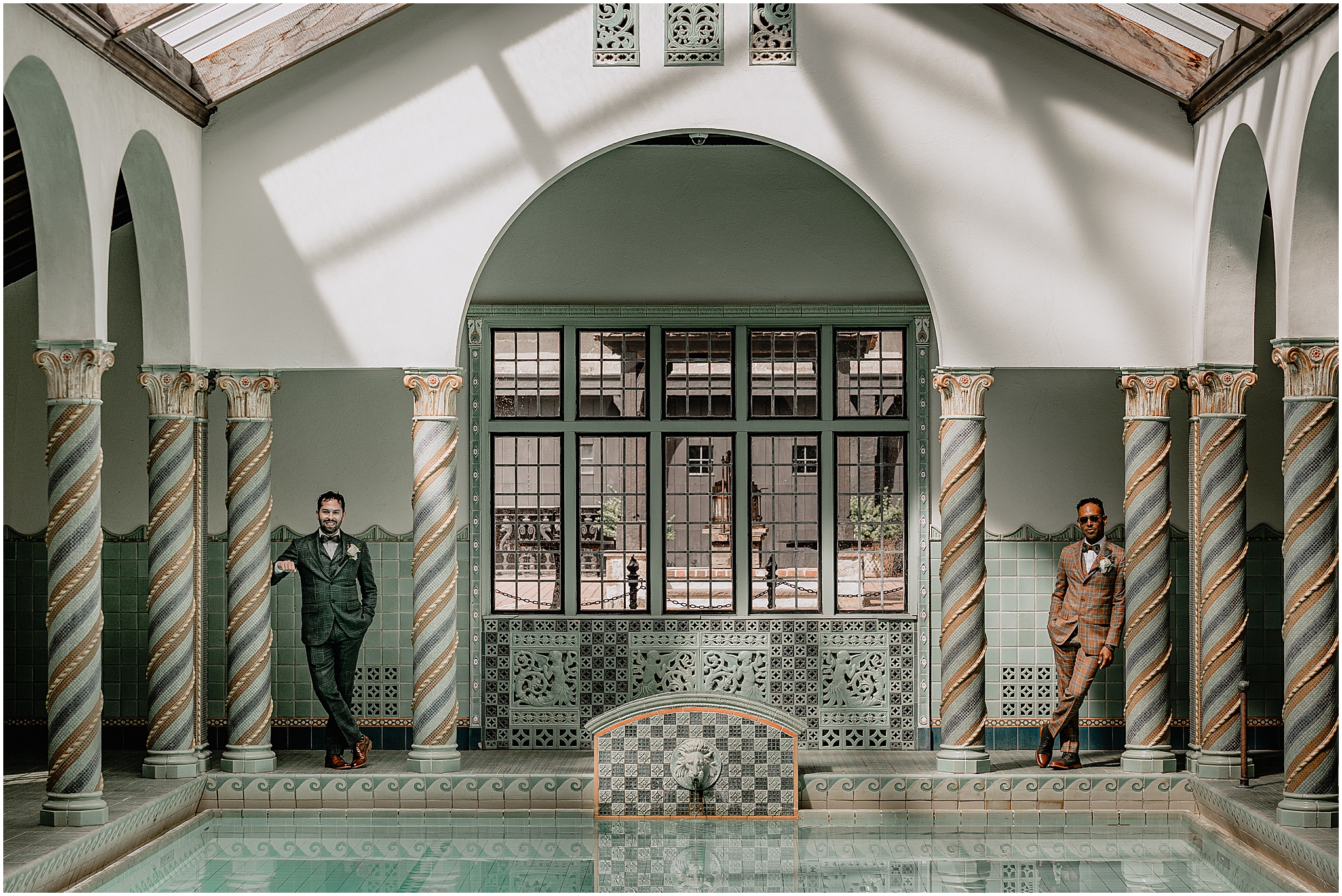 Couple by the pool at their Joyful Pleasantdale Chateau Wedding, enjoying a romantic and elegant moment together.