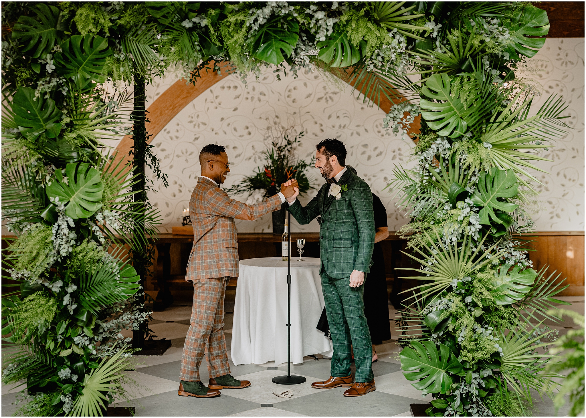 Couple at the altar during their Joyful Pleasantdale Chateau Wedding, sharing an emotional and heartfelt moment.