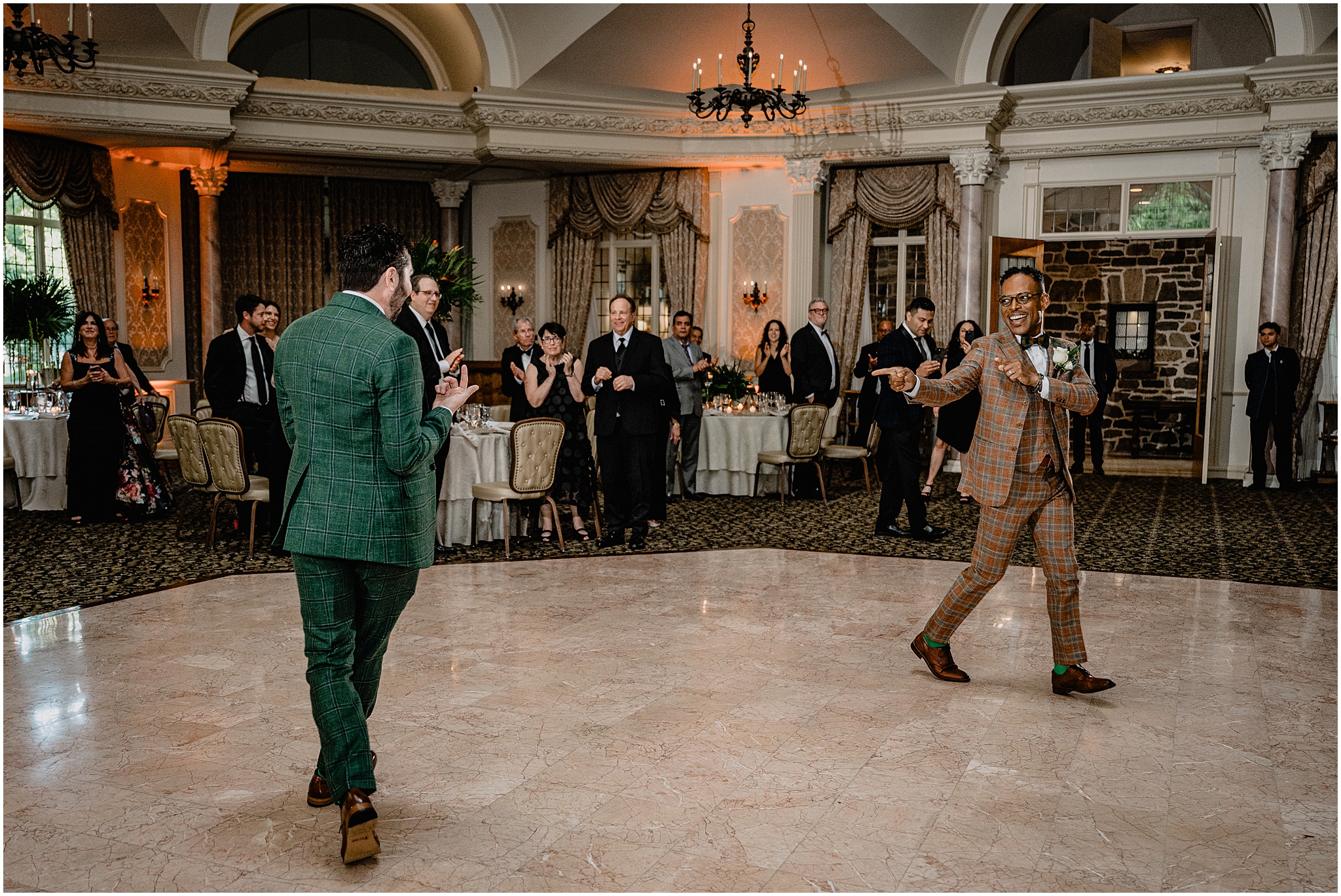 Couple dancing at their Joyful Pleasantdale Chateau Wedding, filled with energy, joy, and excitement.