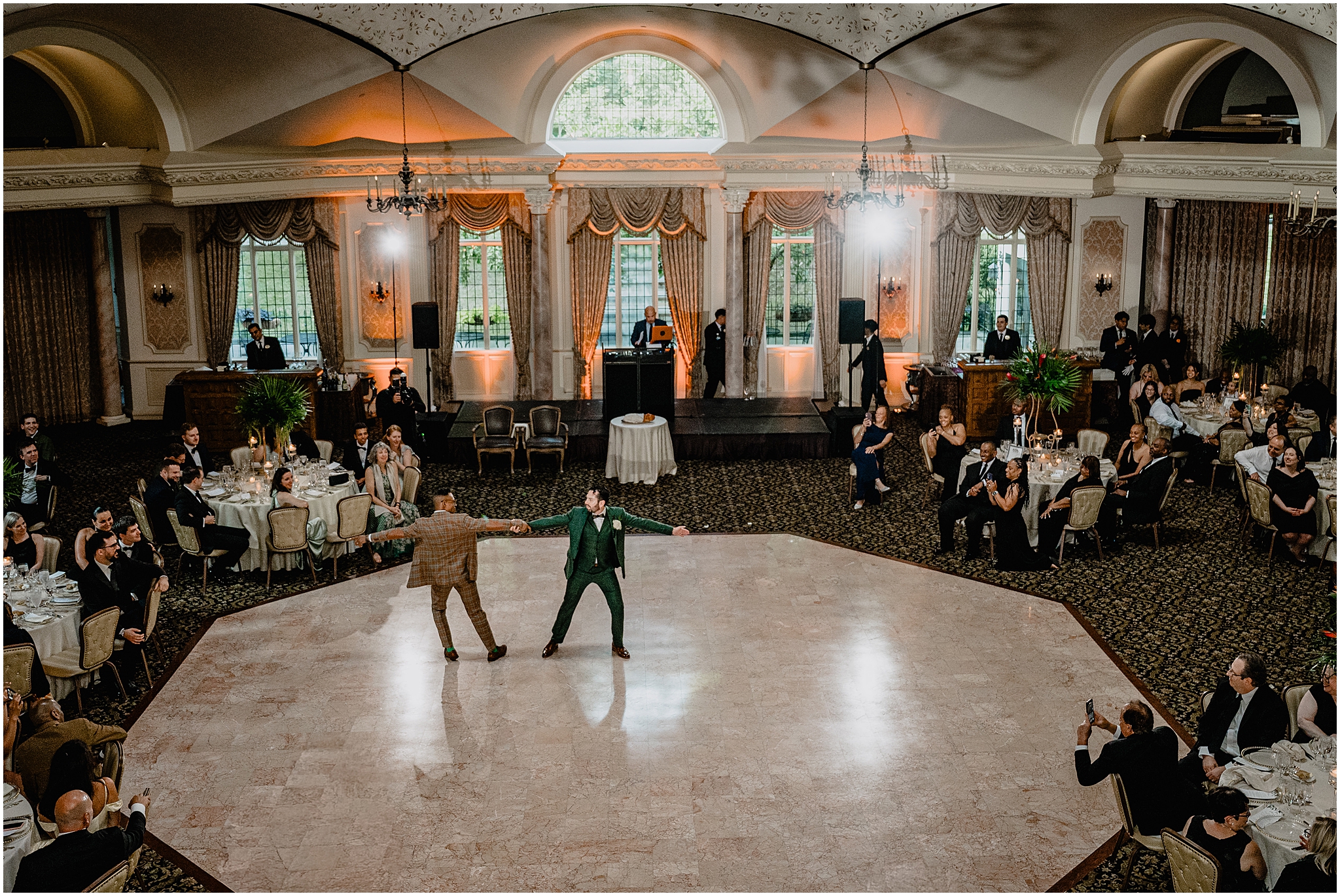 Couple dancing at their Joyful Pleasantdale Chateau Wedding, filled with energy, joy, and excitement.