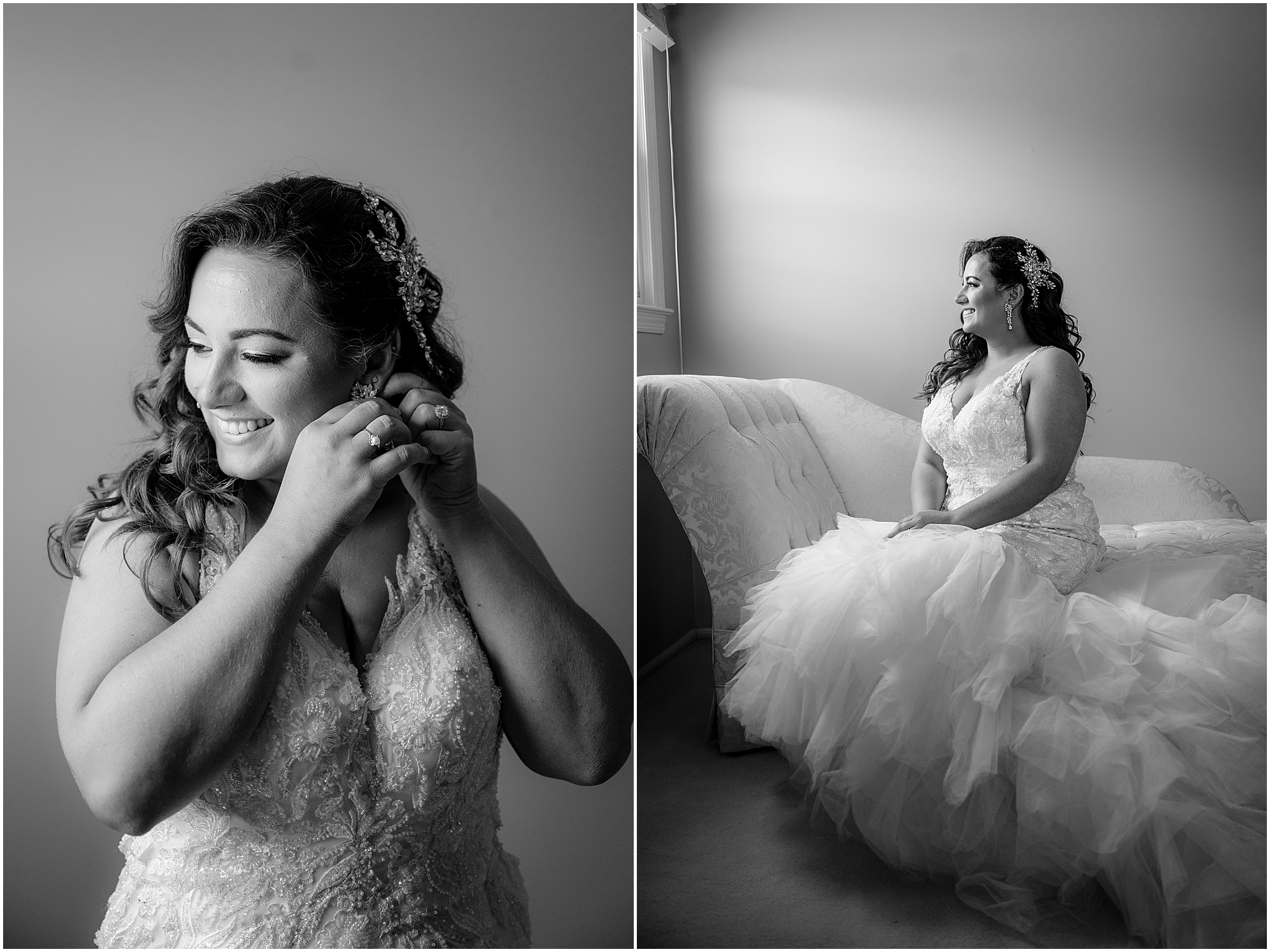 Stunning getting ready bride portraits before her Summer Park Chateau Wedding, capturing timeless elegance and candid beauty.