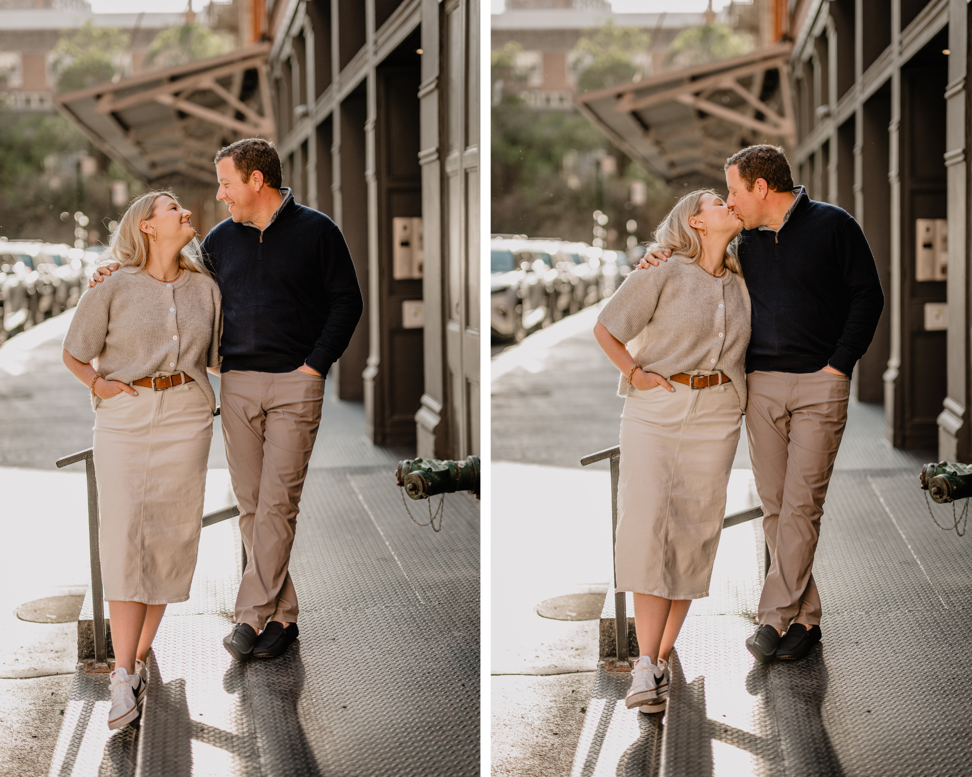 Engaged couple smiling at each other while strolling during their Tribeca NYC engagement session.
