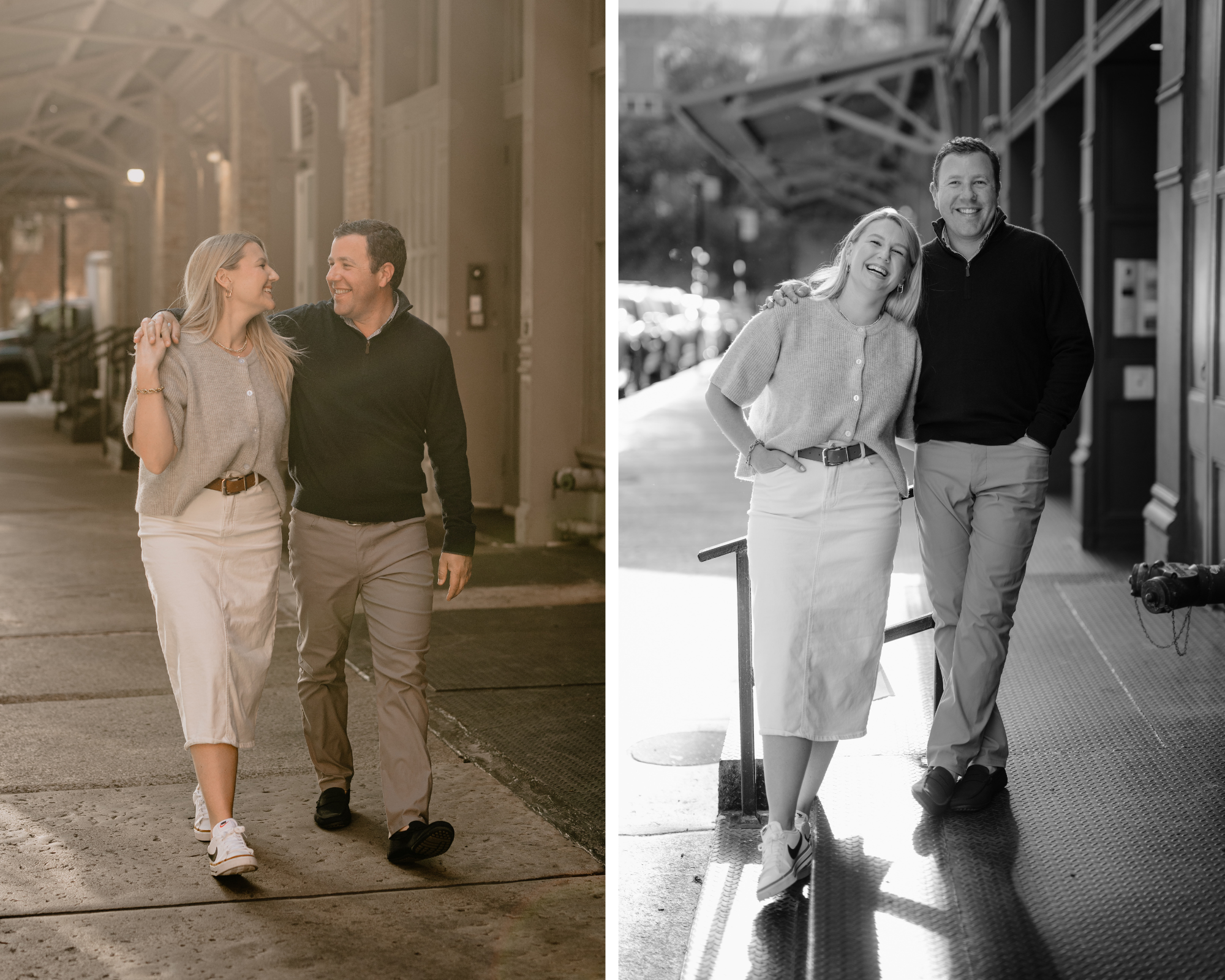 Couple walking hand-in-hand through the sunlit streets during their Tribeca NYC engagement session.