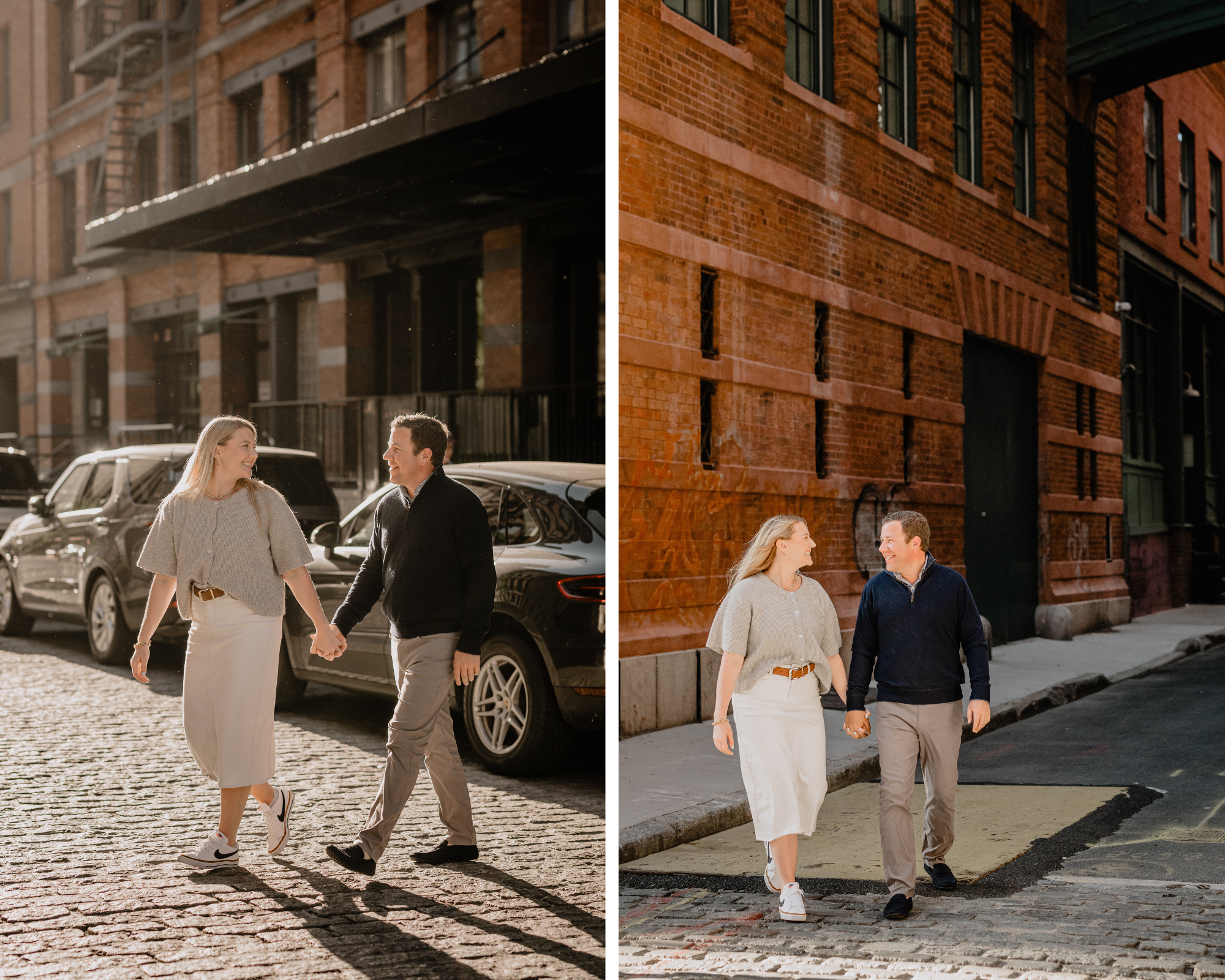 Engaged couple smiling at each other while strolling during their Tribeca NYC engagement session.