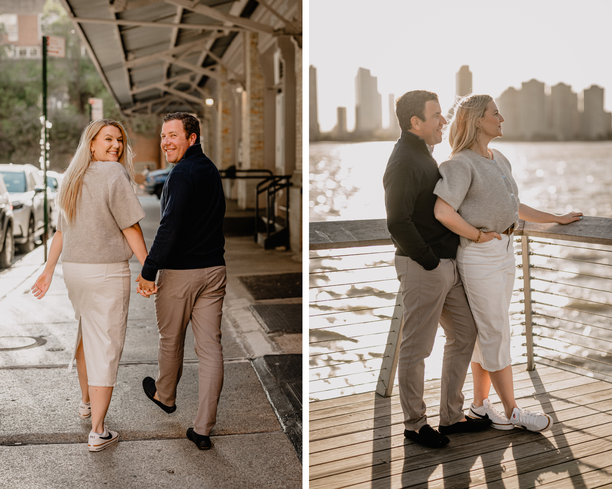 Engaged couple smiling at each other while strolling during their Tribeca NYC engagement session.