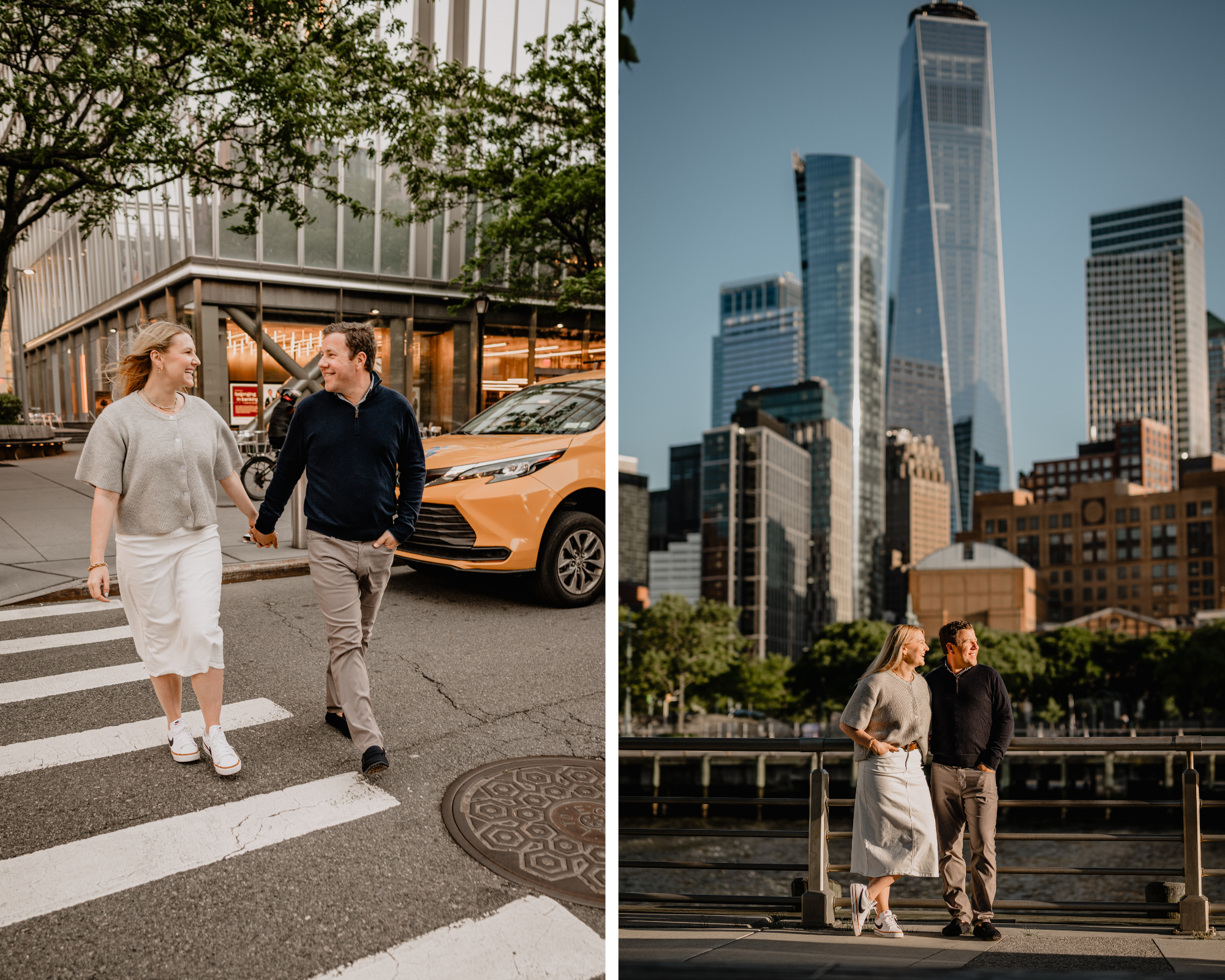 Couple holding hands during their Tribeca NYC engagement session.