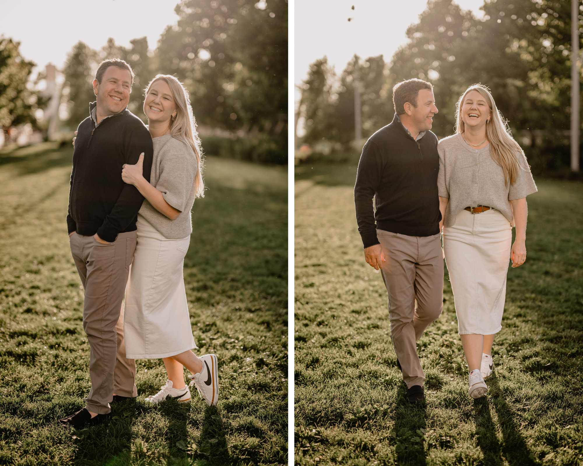 Couple laughing and walking during their Tribeca NYC engagement session.
