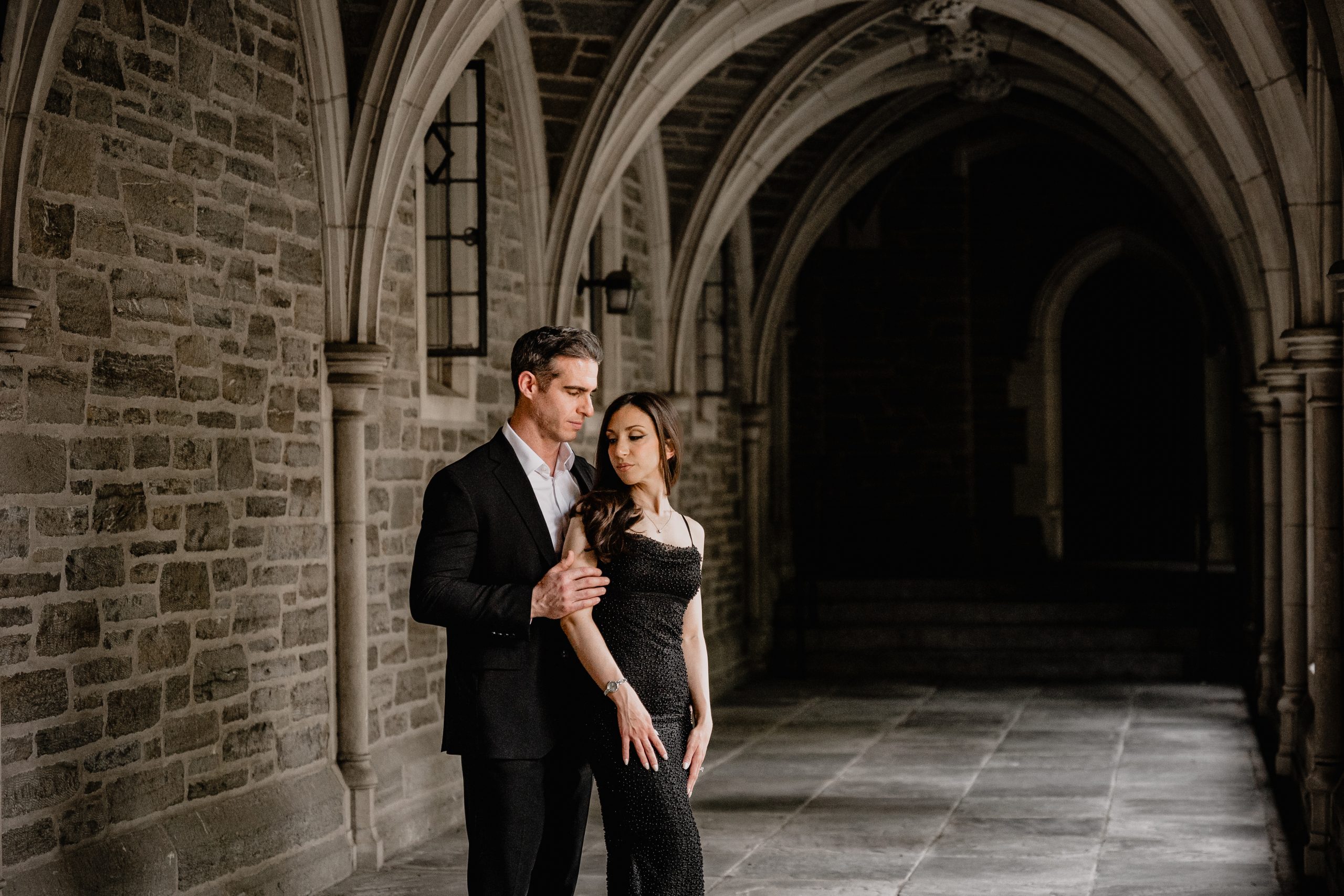 Couple sharing an intimate moment during their Princeton University engagement session.