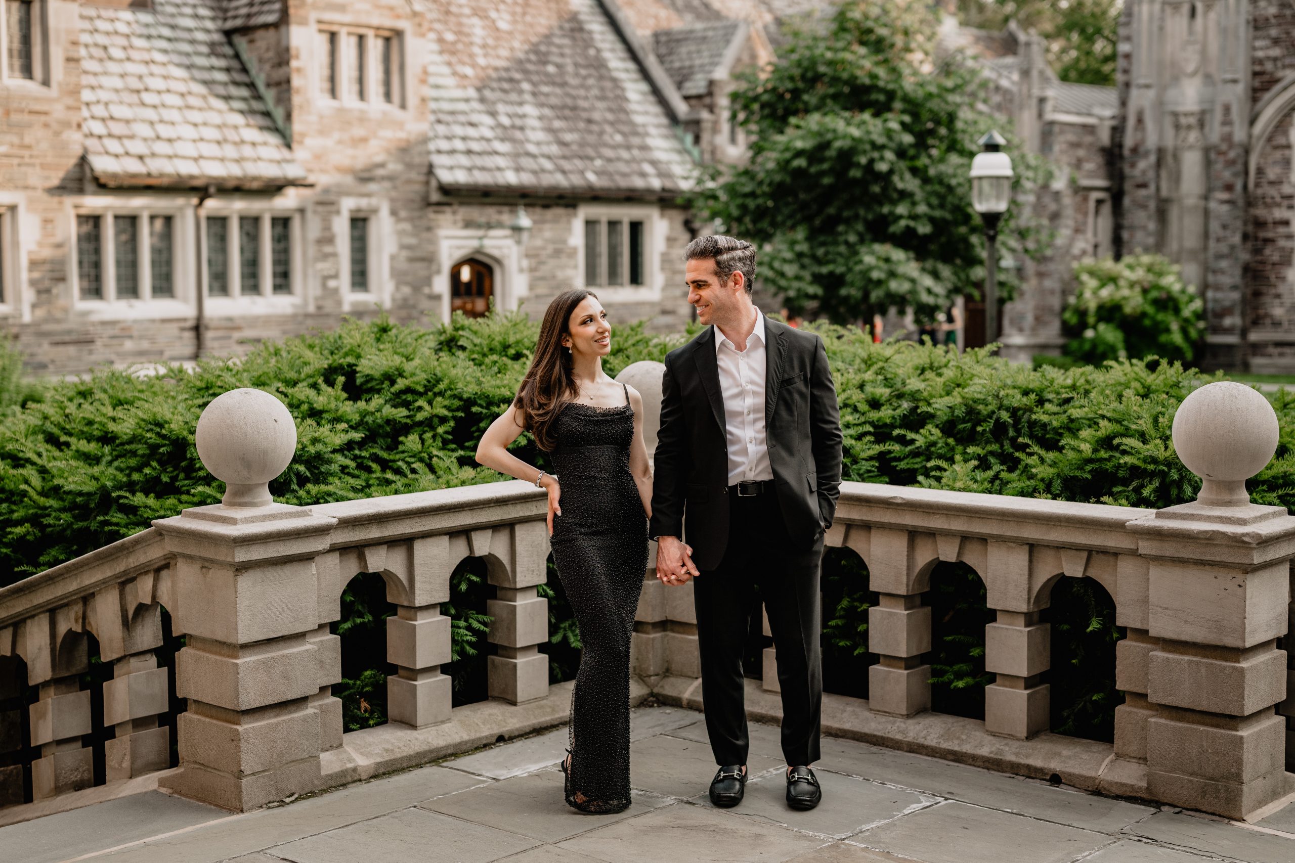 Engaged couple sharing a romantic moment during their Princeton University engagement session.