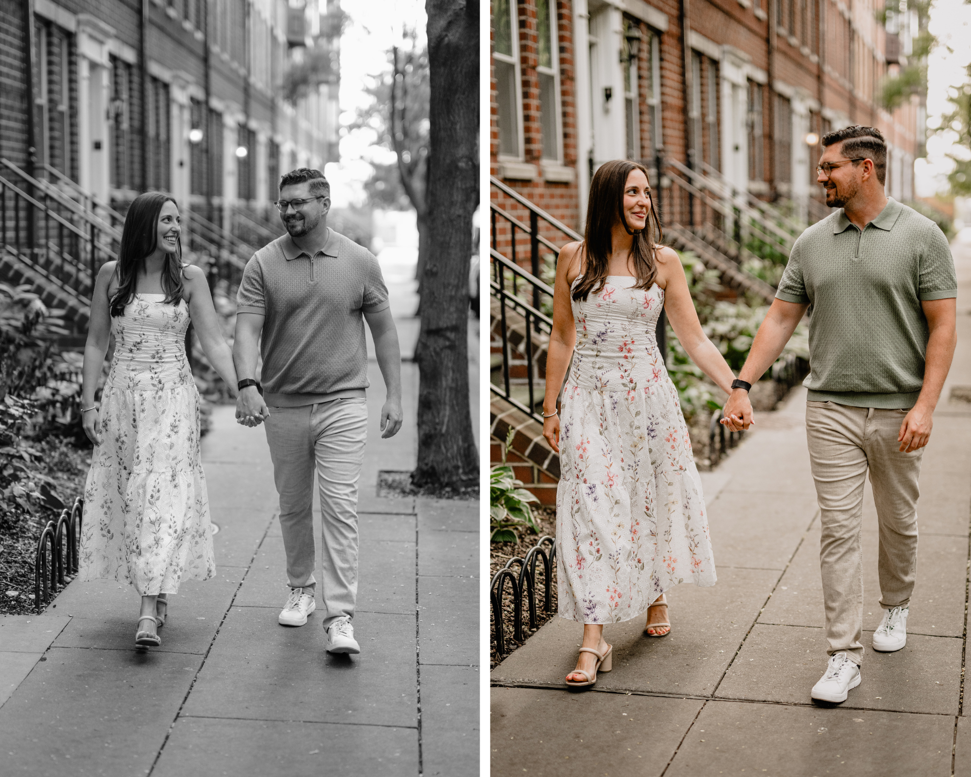 Couple walking hand-in-hand during their Jersey City Engagement at Paulus Hook.