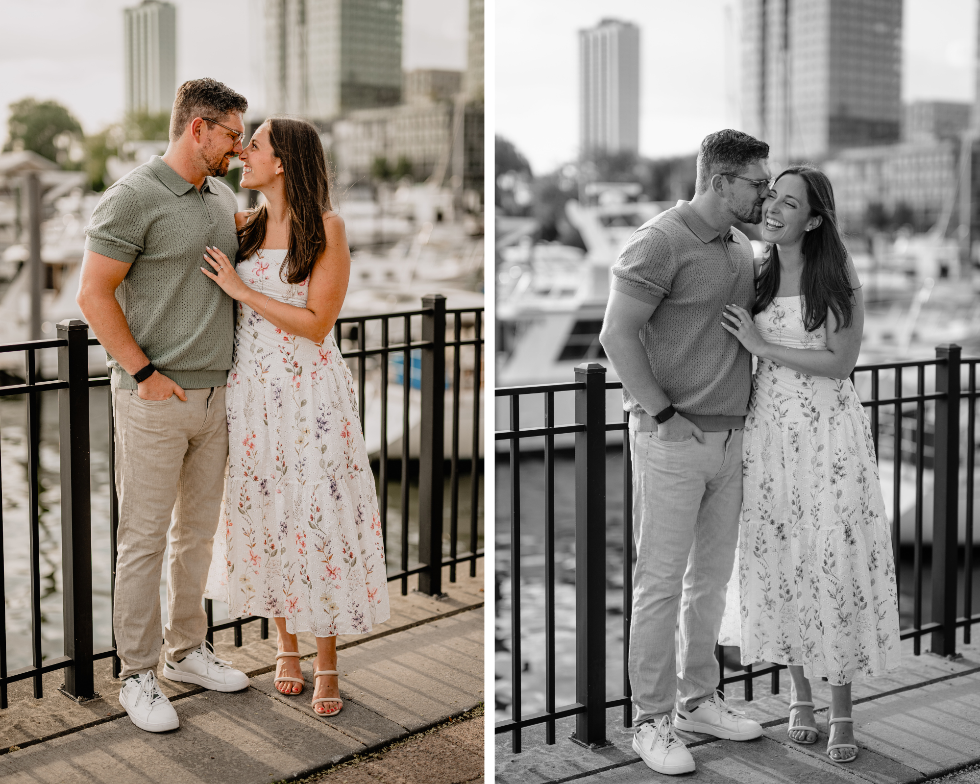 Couple smiling and showing their love during their Jersey City Engagement at Paulus Hook.