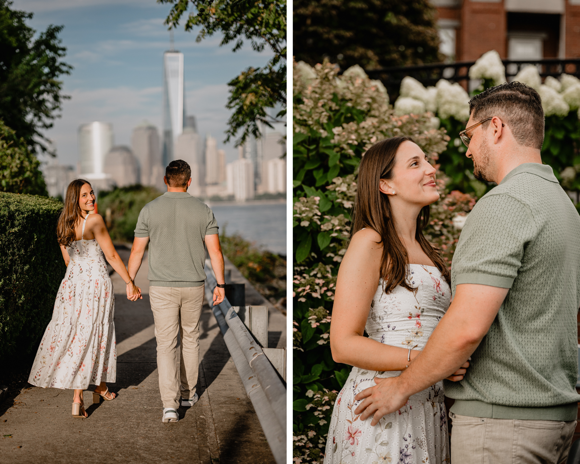 Couple walking hand-in-hand during their Jersey City Engagement at Paulus Hook.