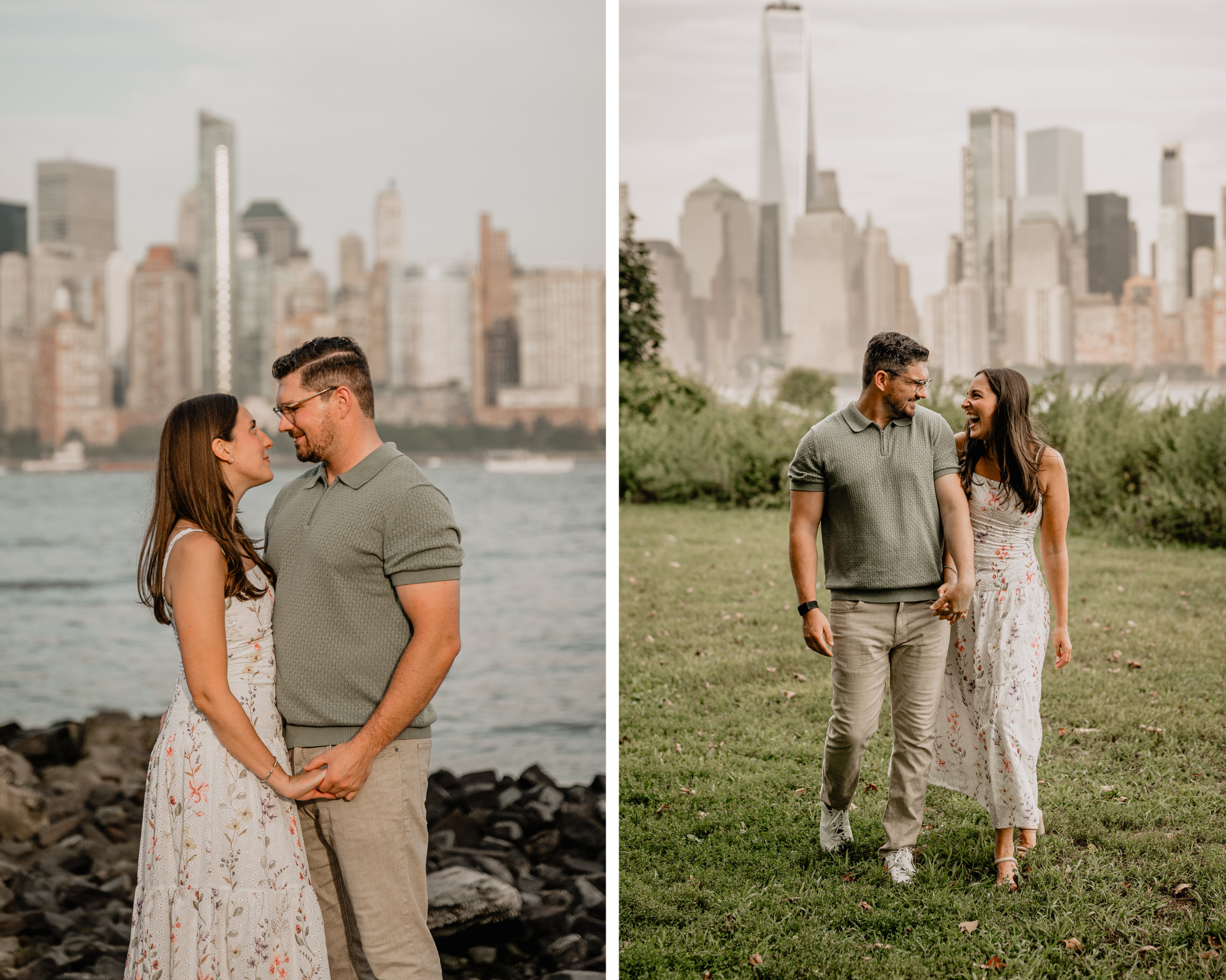 Couple looking intently at each other during their Jersey City Engagement at Paulus Hook.