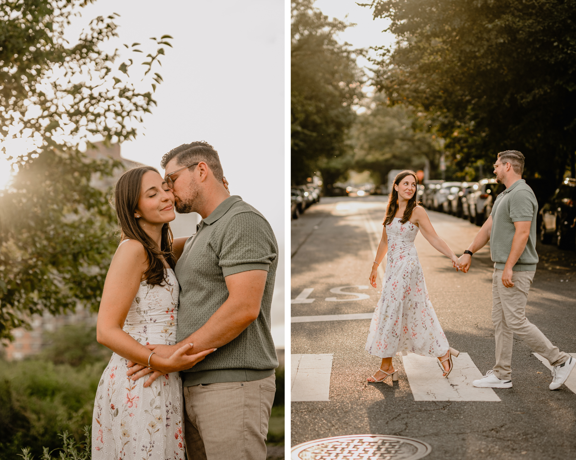 Couple walking hand-in-hand during their Jersey City Engagement at Paulus Hook.