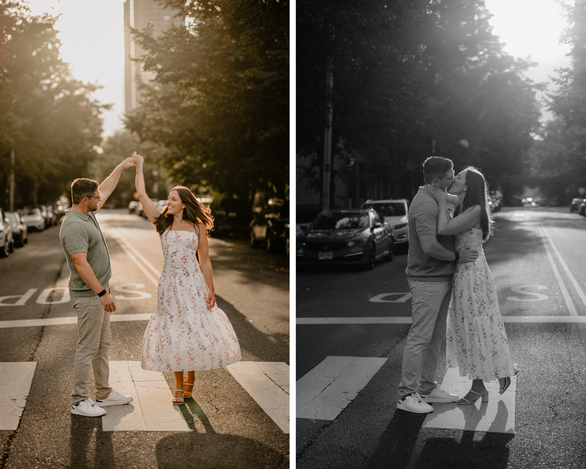 Couple dancing and showing their love during their Jersey City Engagement at Paulus Hook.