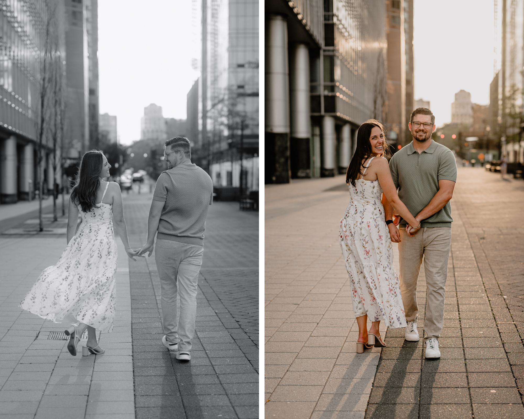 Couple walking hand-in-hand and laughing during their Jersey City Engagement at Paulus Hook.