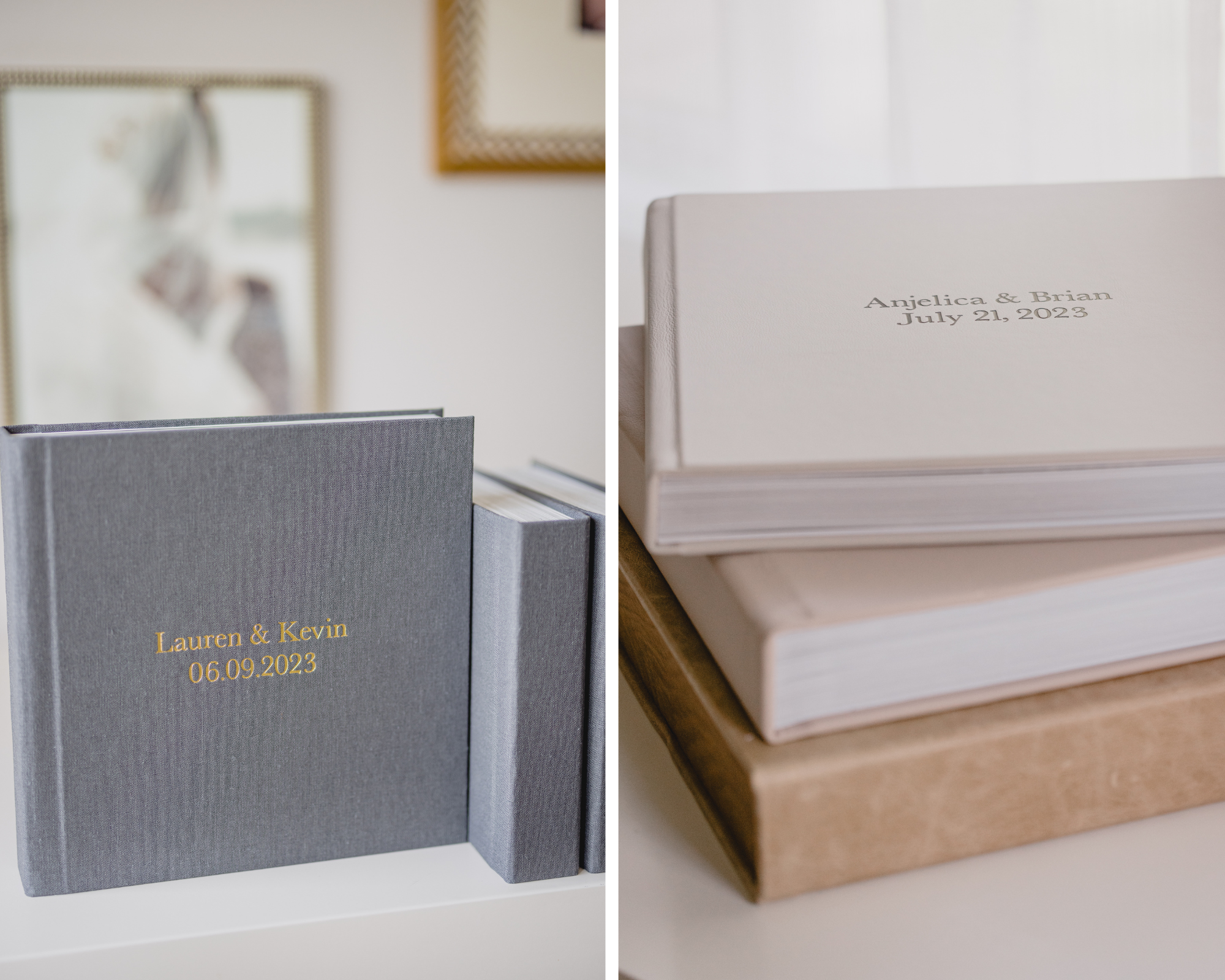 Stack of elegant wedding albums with custom covers, designed by a New Jersey wedding photographer.