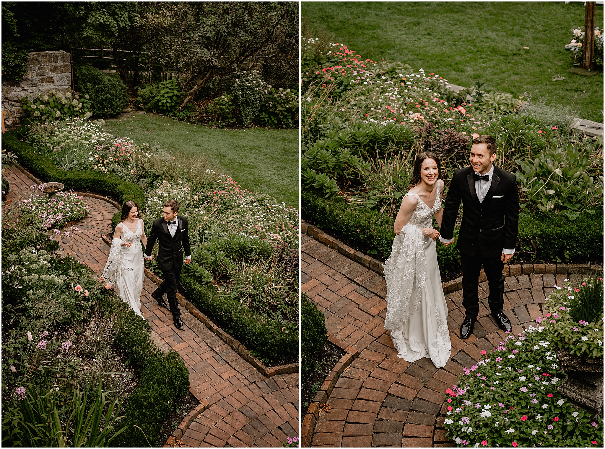 Couple walking through the garden laughing happily during their Summer Crossed Keys Estate wedding.