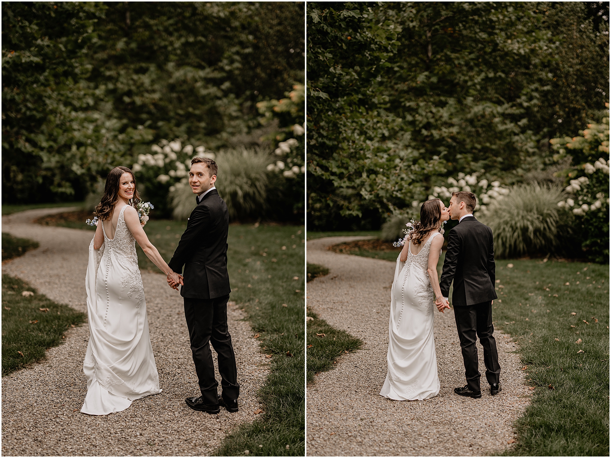 Couple kissed while walking in the garden during their Summer Crossed Keys wedding.