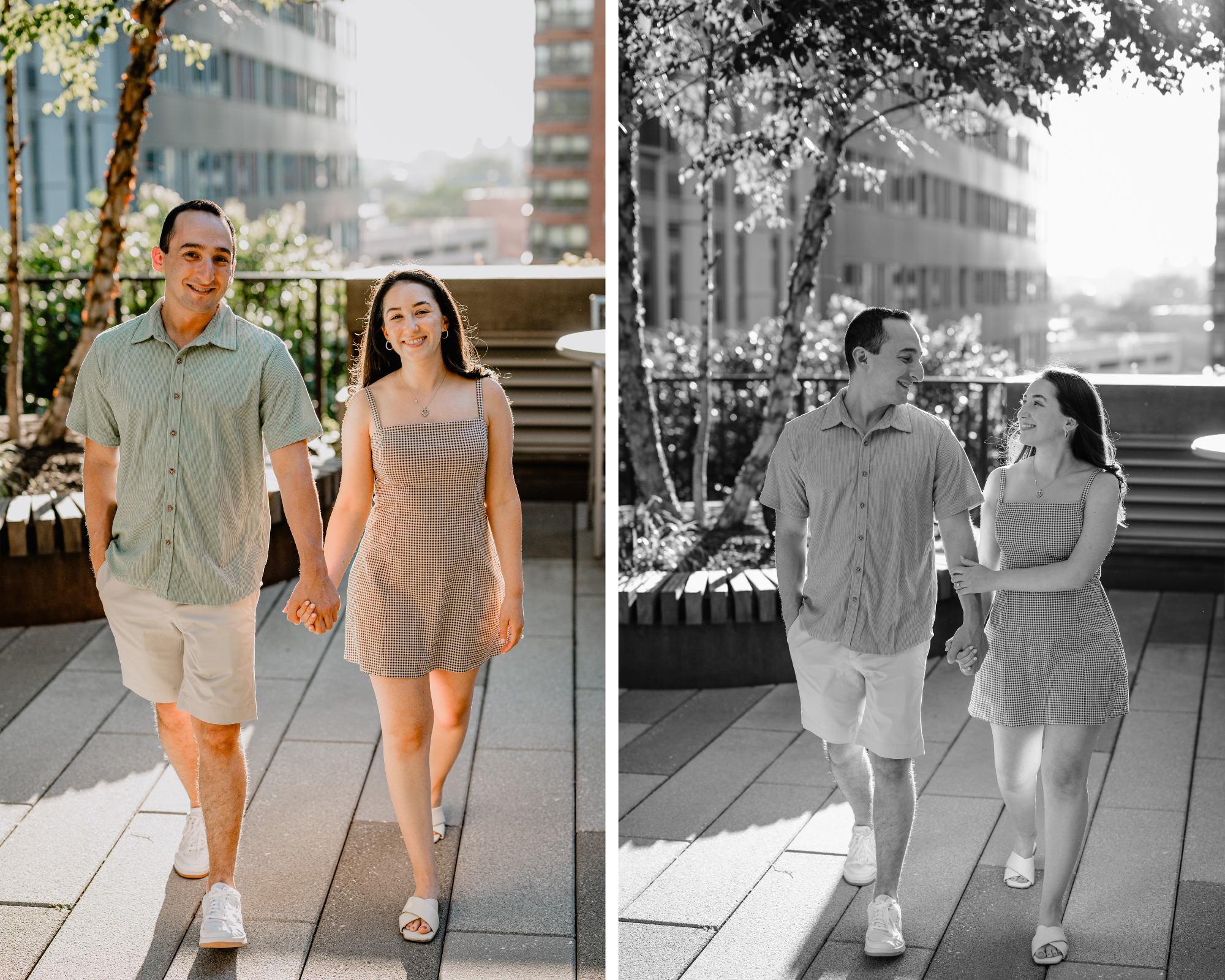 A warm Jersey City & Home Engagement moment of the couple walking hand in hand on the rooftop