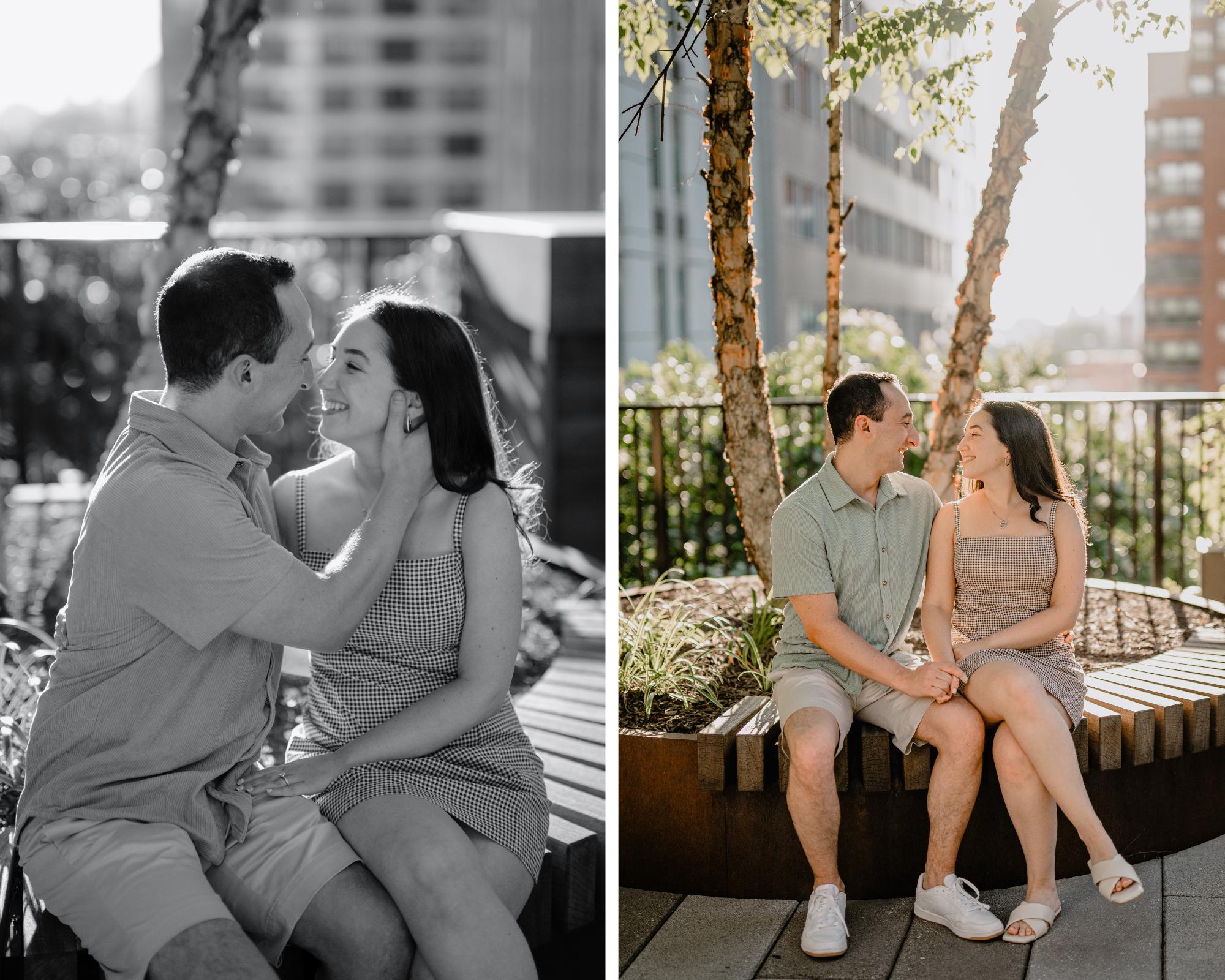 A sweet Jersey City & Home Engagement moment of the couple on the rooftop, looking and smiling at each other.