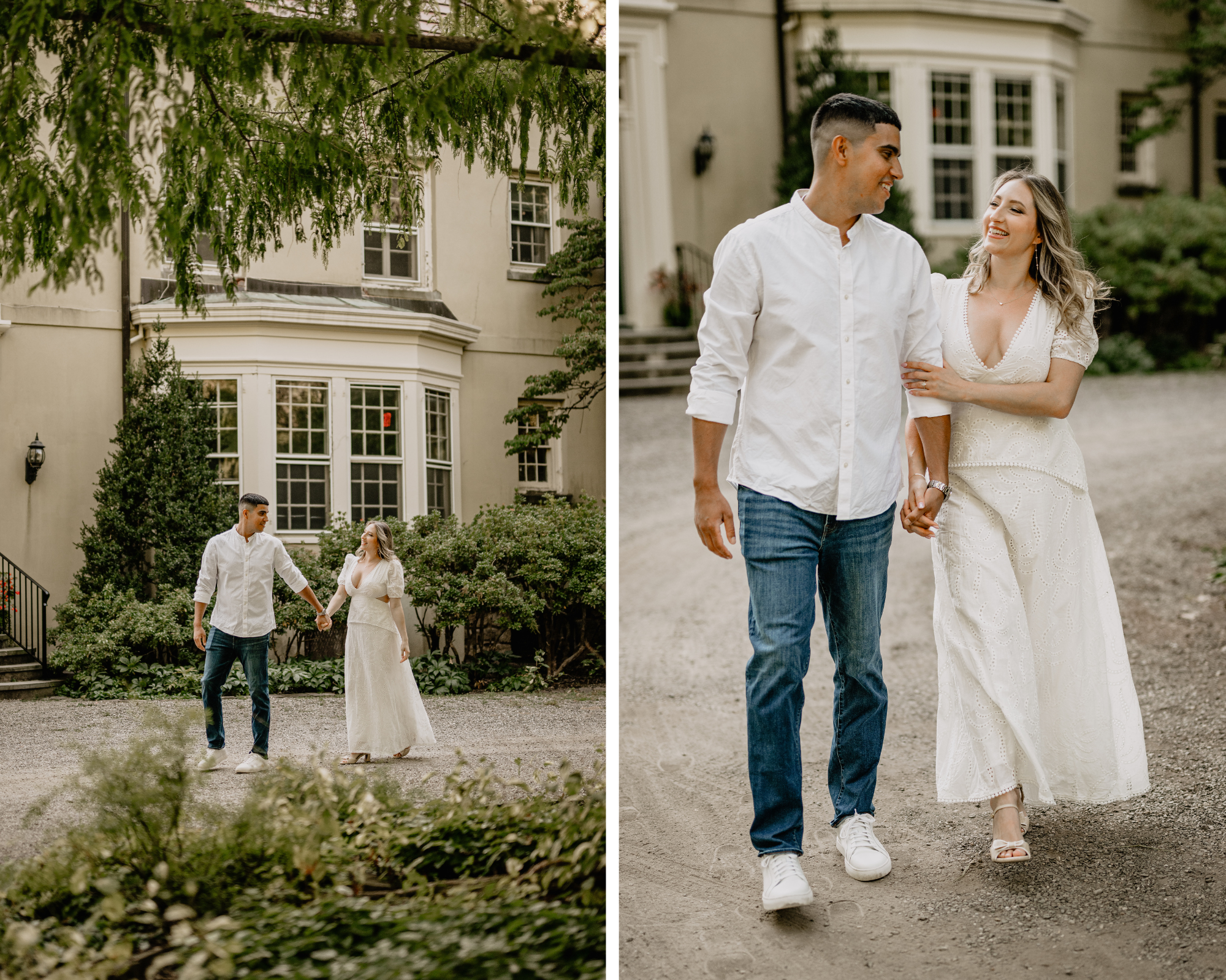 Jaime and Chris smiling while walking together during their Cross Estate Gardens engagement