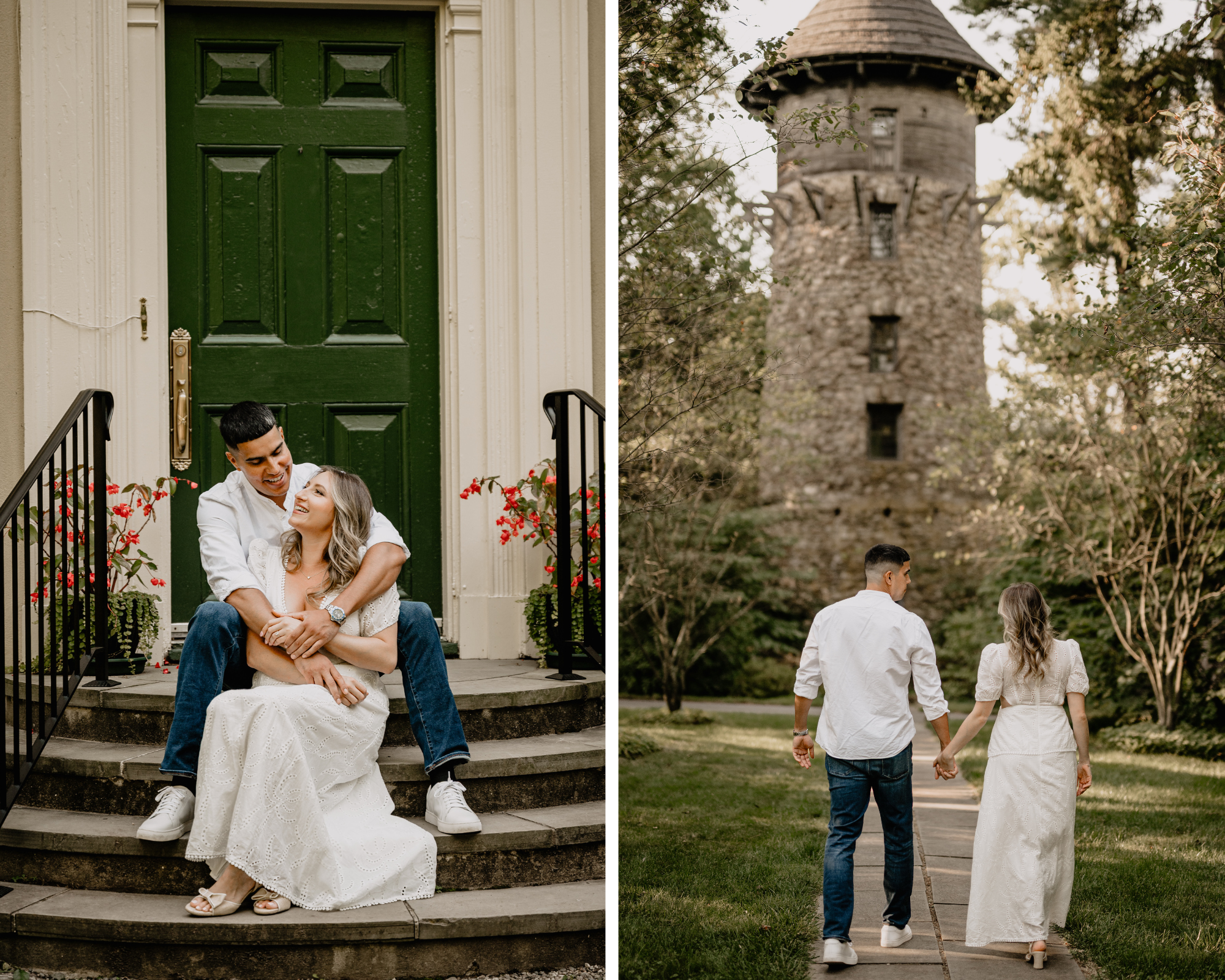Couple sitting on the front steps, laughing and walking toward the stone tower during their Cross Estate Gardens engagement.