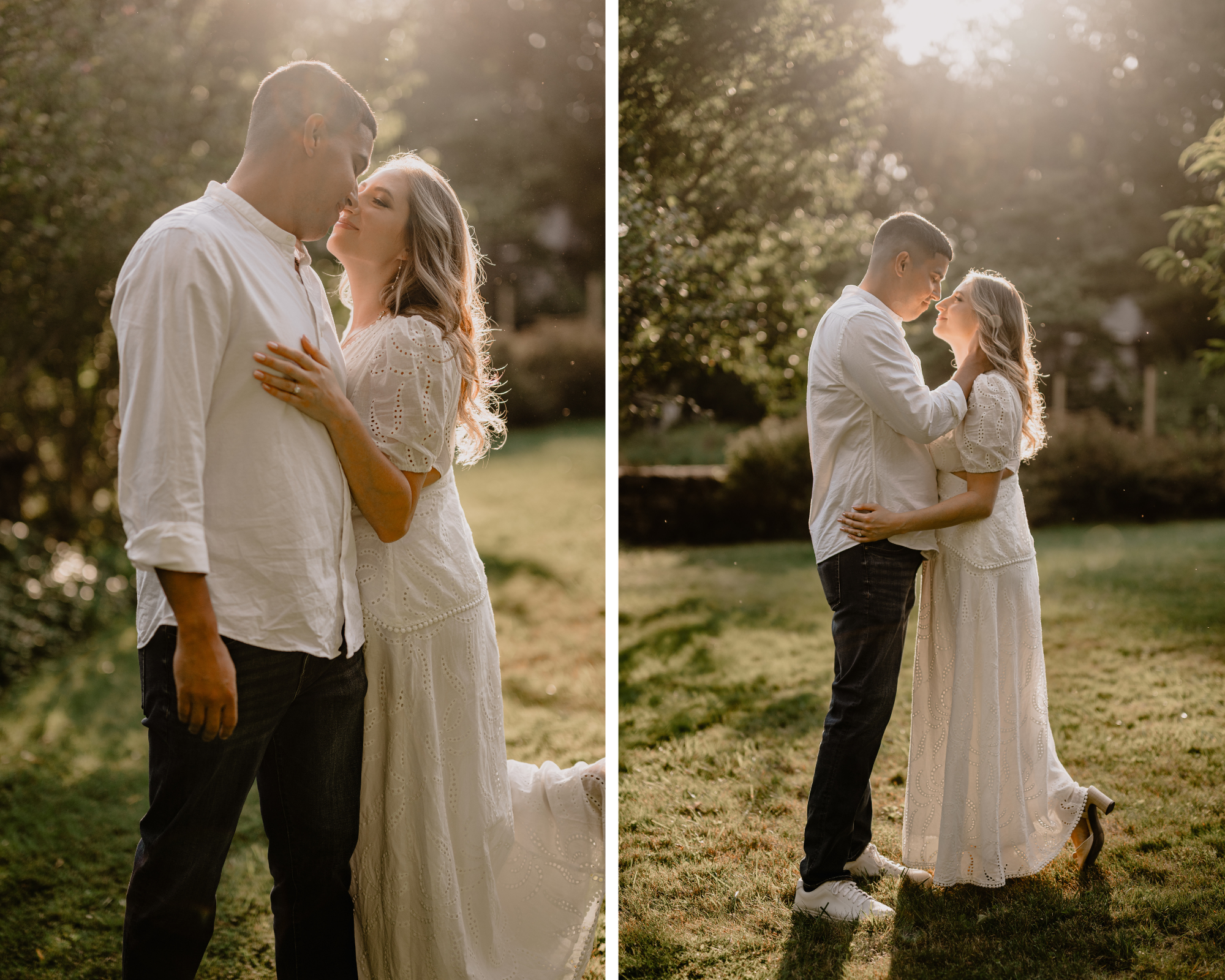 Couple embracing in the sunlit field during their Cross Estate Gardens engagement.