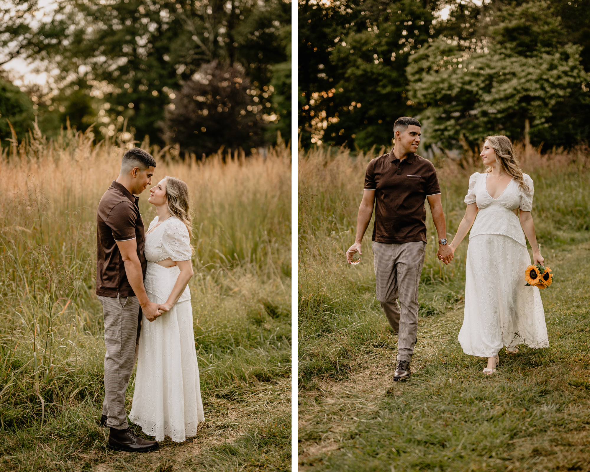 Couple holding hands in the tall grass at sunset during their Cross Estate Gardens engagement.