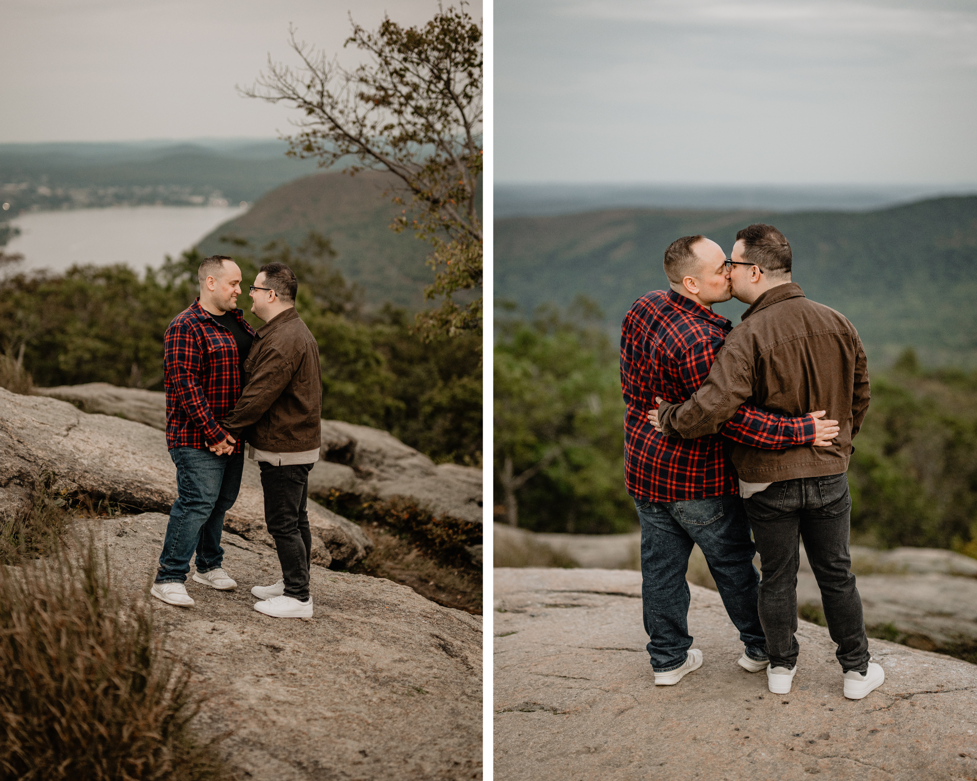 Trevor and Josh sharing a quiet moment together on the overlook during their Bear Mountain engagement session.
