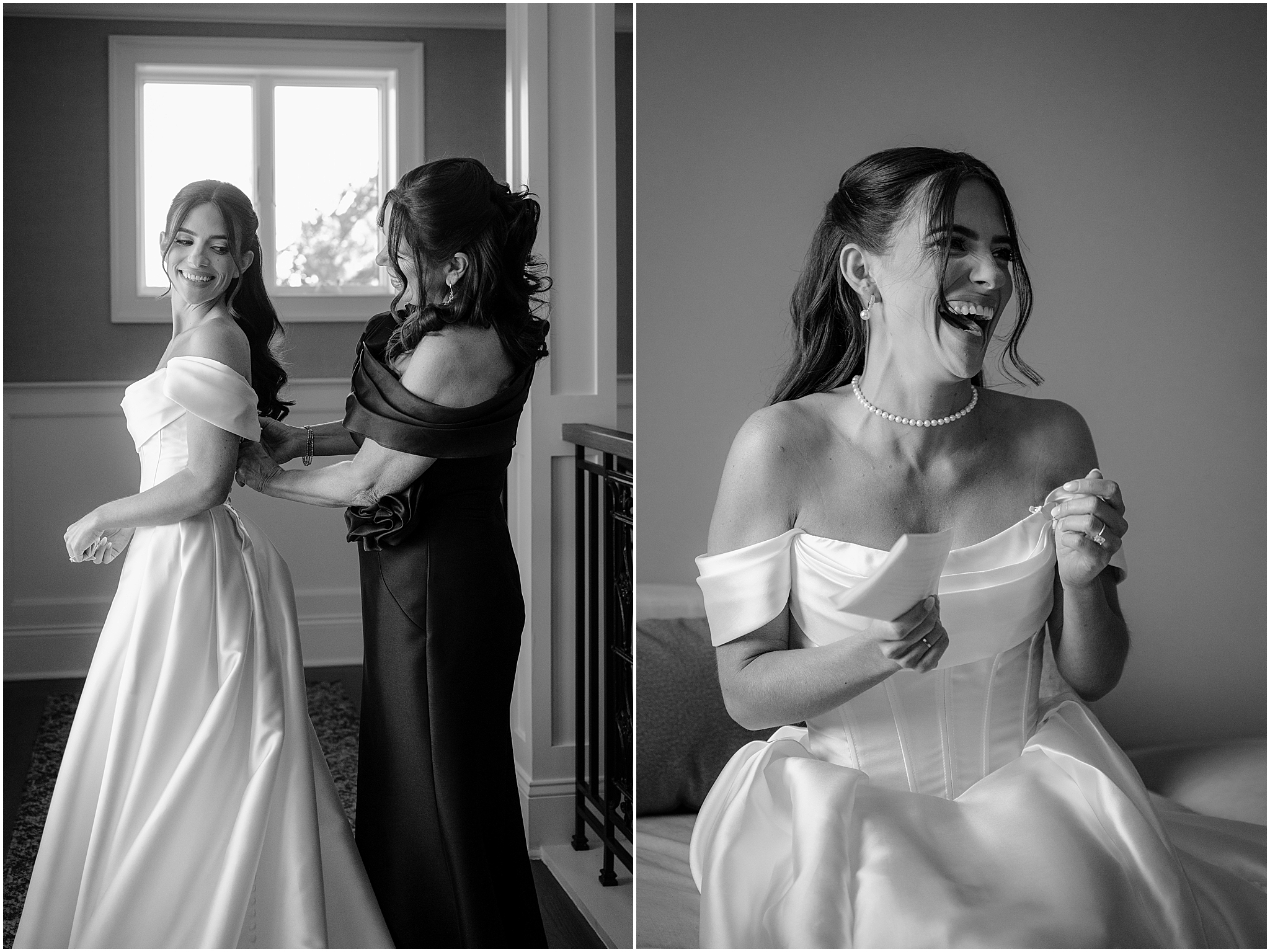Bride getting ready with her mother adjusting her dress during a Tillinghouse Wedding.