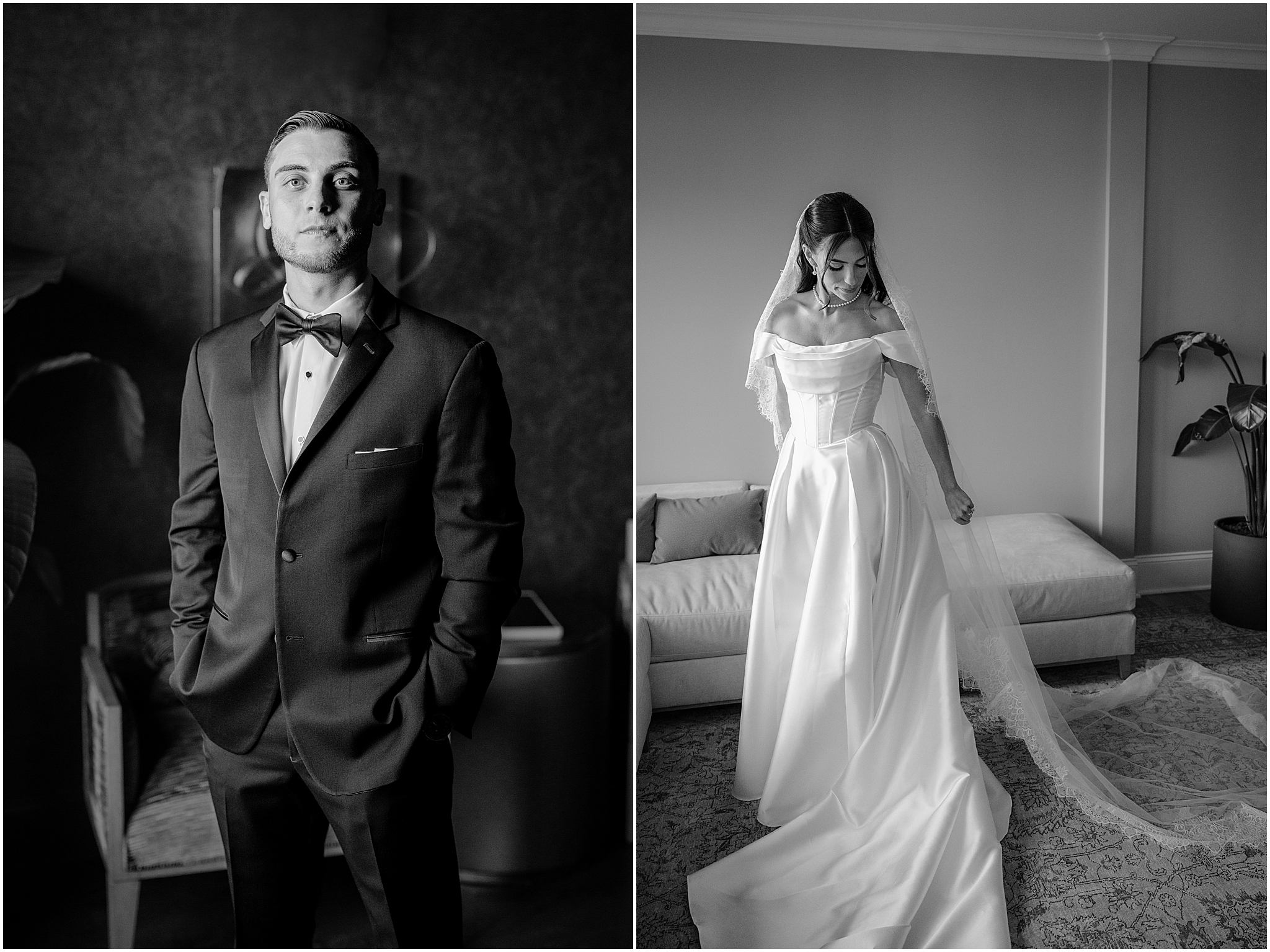 Bride and groom portraits while getting ready before her Tillinghouse Wedding ceremony.