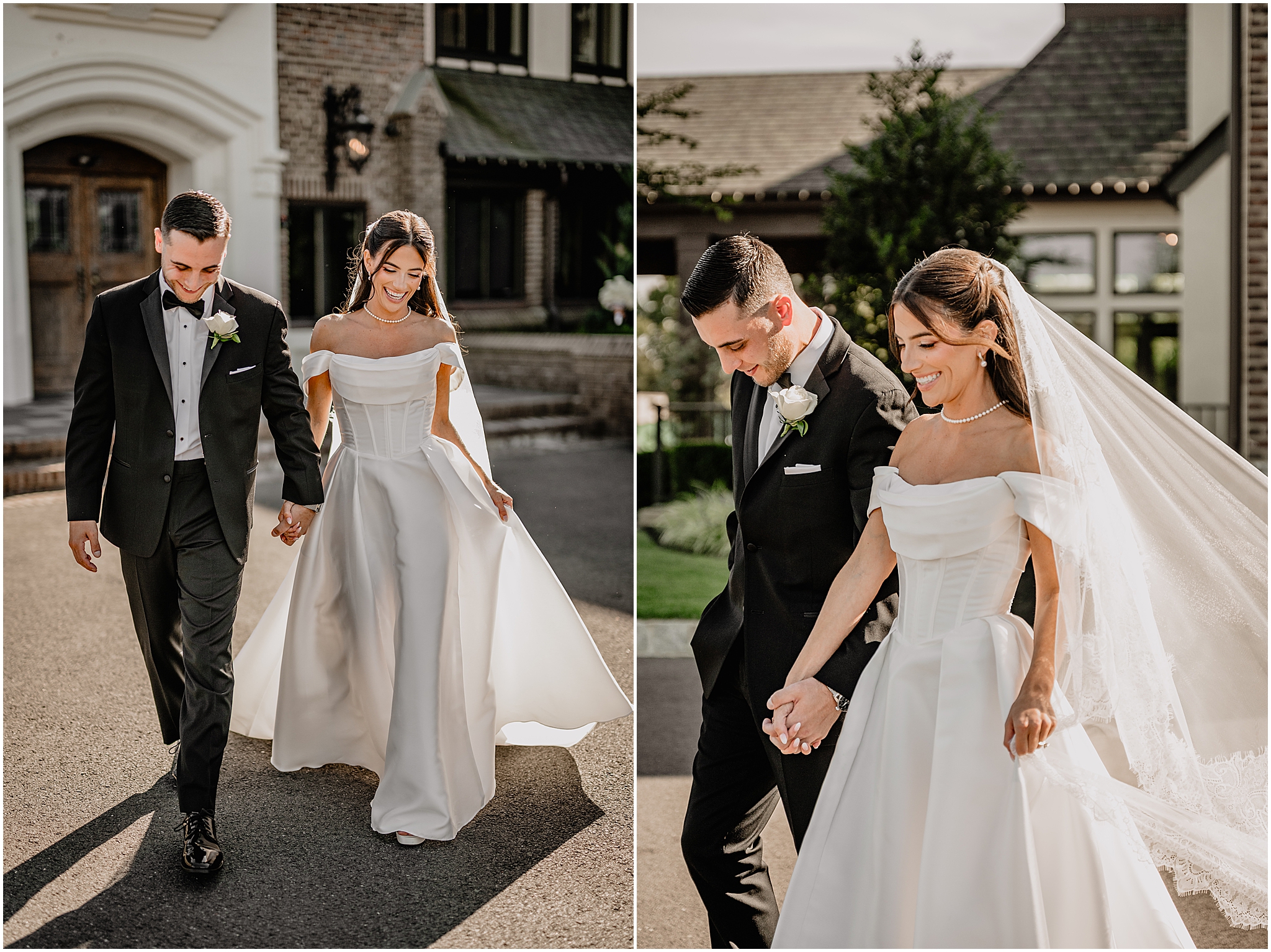 Bride and groom walking hand in hand in the sunlight during their Tillinghouse Wedding portraits.
