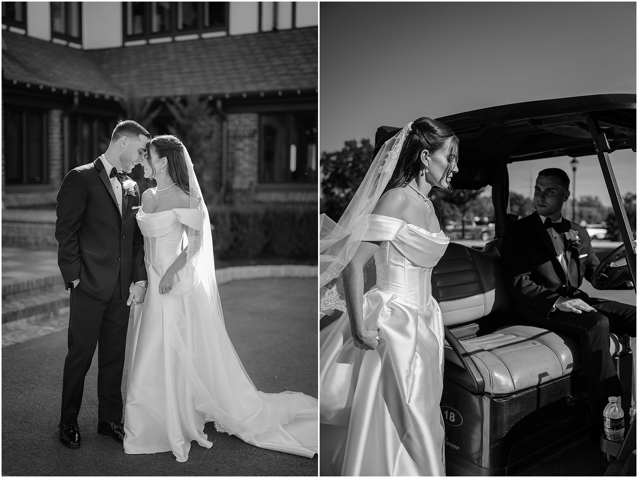Bride stepping into a golf cart while the groom waits during their Tillinghouse Wedding.