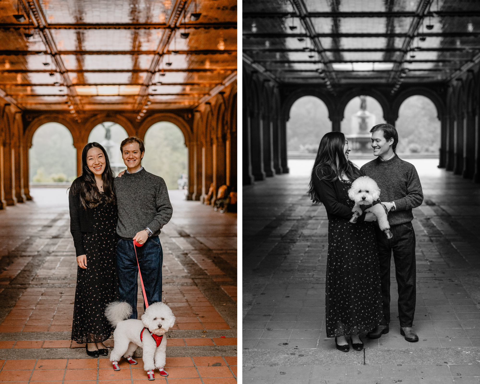 Kimberly and Peter smiling together during their fall engagement session at Central Park, holding their dog Mochi under an archway.