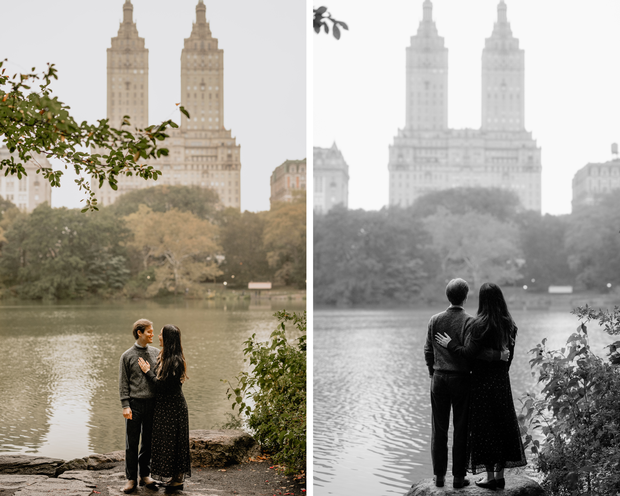 Kimberly and Peter embracing by the water during their fall engagement session at Central Park, with the city skyline in the distance.