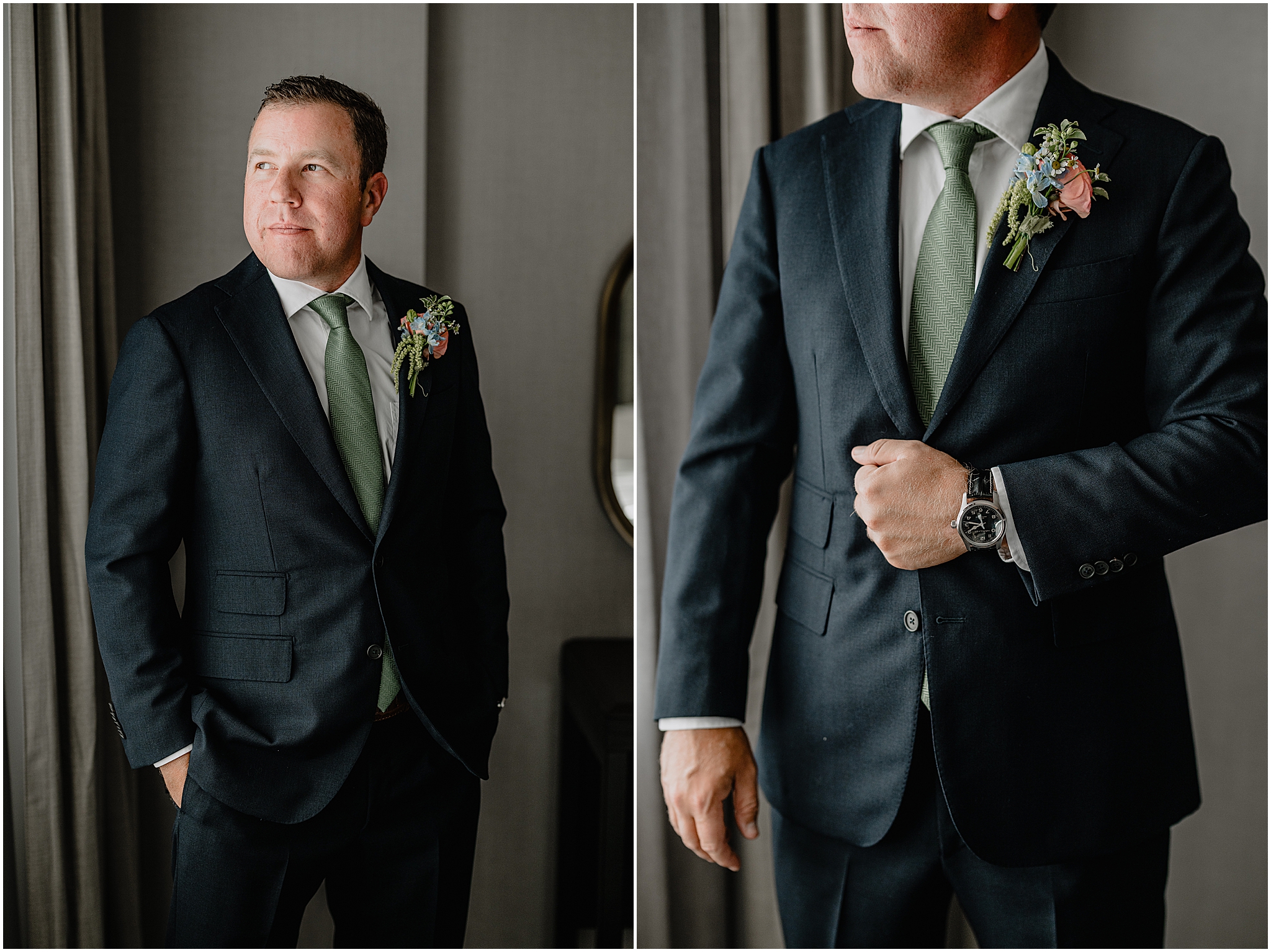 Groom’s portraits before the ceremony at their Colorful Fall Wedding at Liberty House.