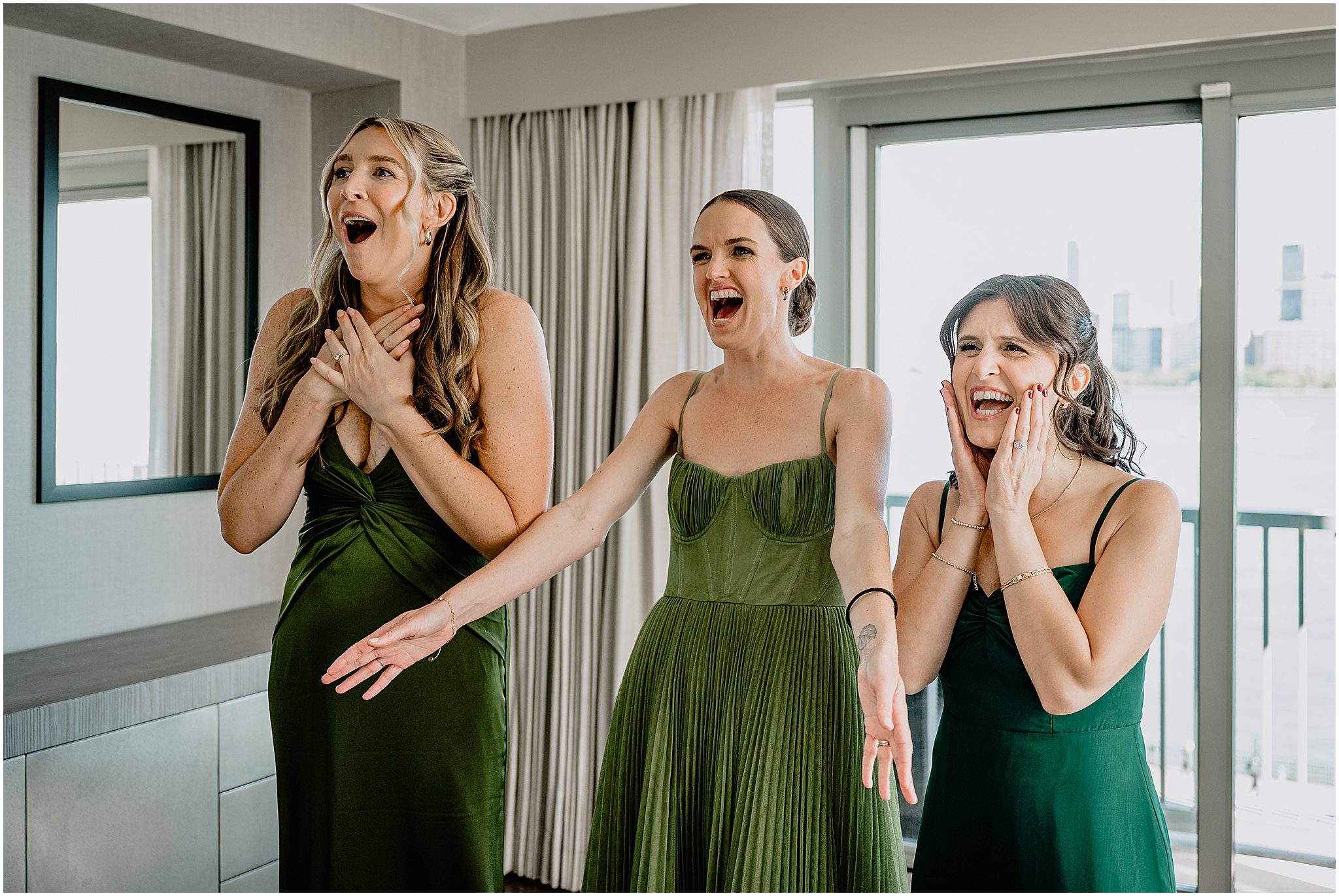 Bridesmaids' reactions during the bride’s first look, filled with joy and excitement at the Colorful Fall Wedding at Liberty House.