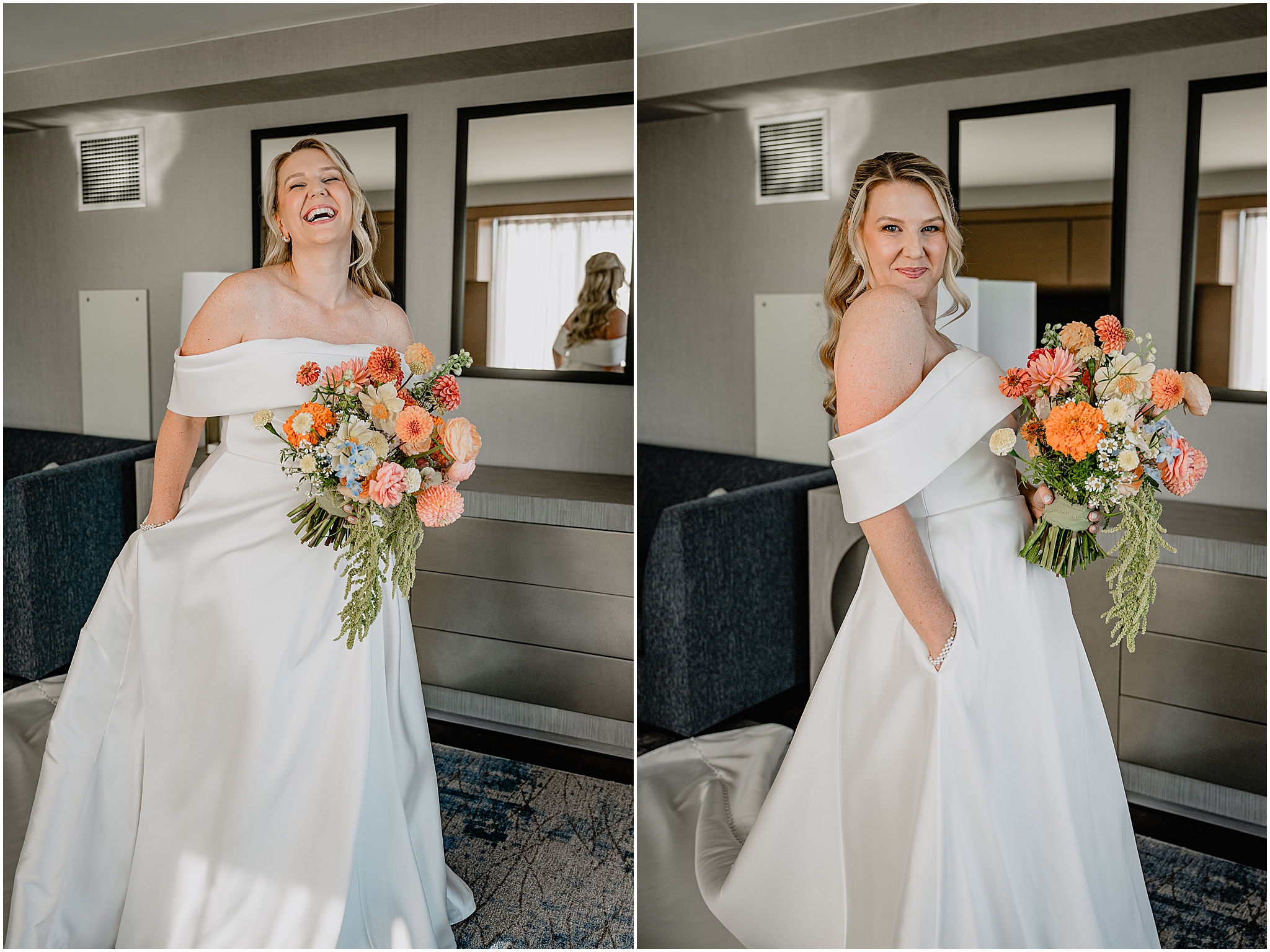 Stunning portrait of the bride holding her bouquet, capturing her beauty at the Colorful Fall Wedding at Liberty House.