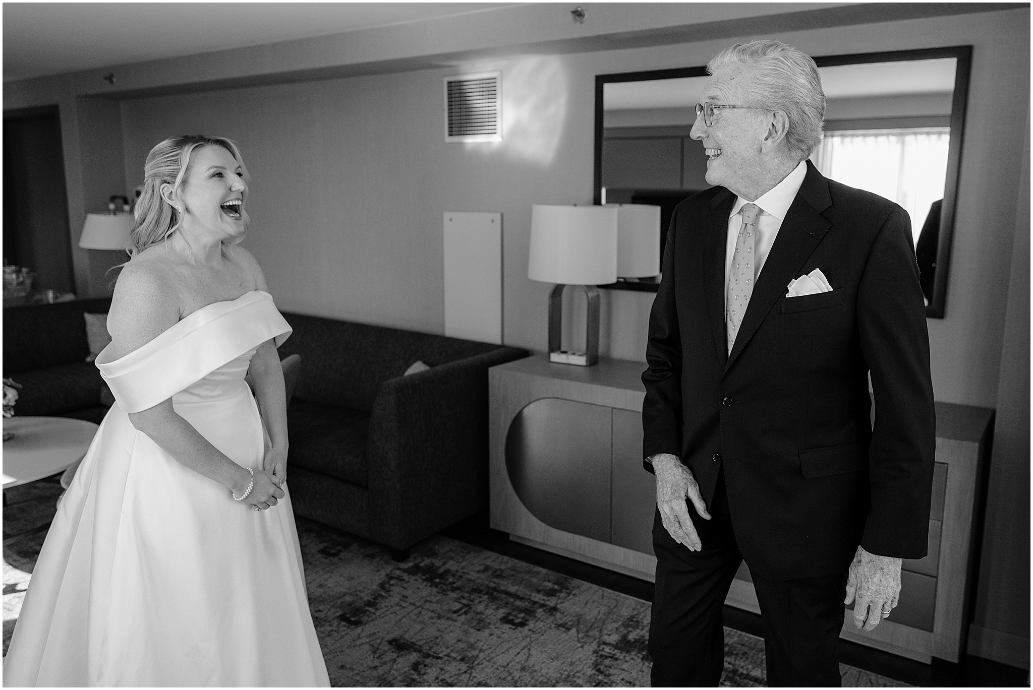 Bride’s first look with her father, sharing an emotional and heartfelt moment before the ceremony at their Colorful Fall Wedding at Liberty House.