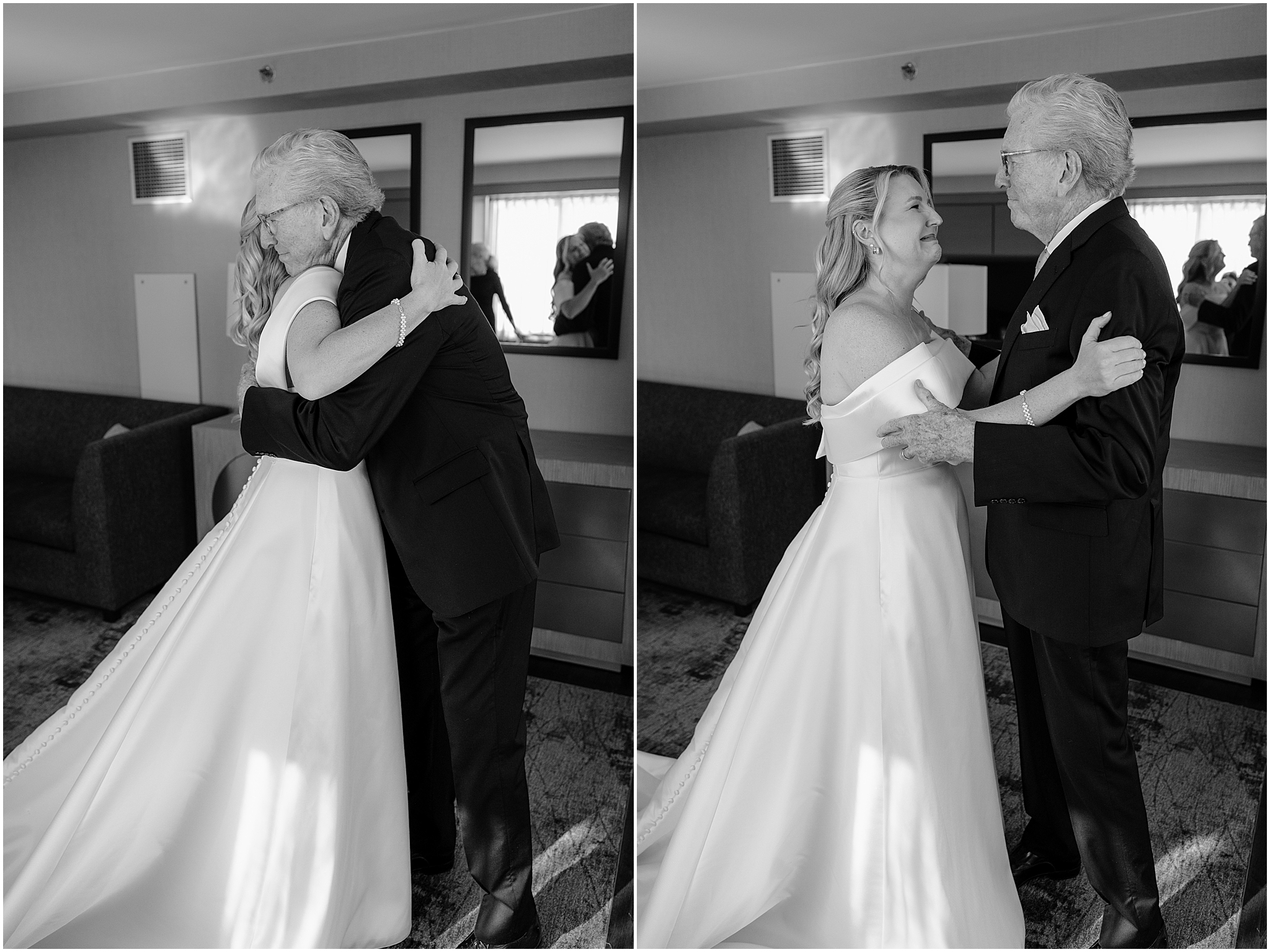 Bride’s first look with her father, sharing an emotional and heartfelt moment before the ceremony at their Colorful Fall Wedding at Liberty House.