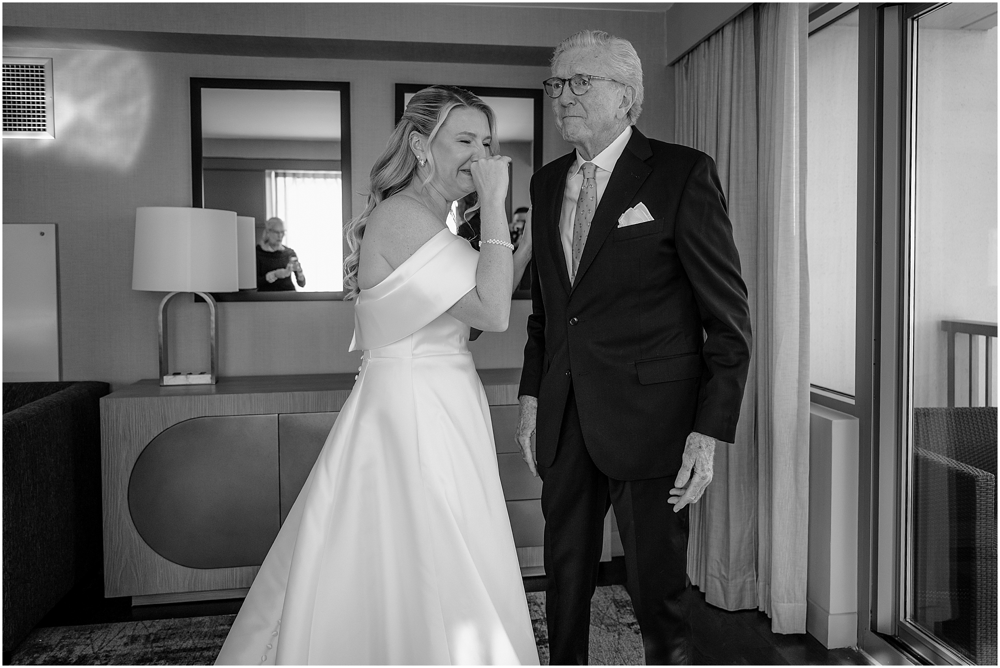 Bride’s first look with her father, sharing an emotional and heartfelt moment before the ceremony at their Colorful Fall Wedding at Liberty House.