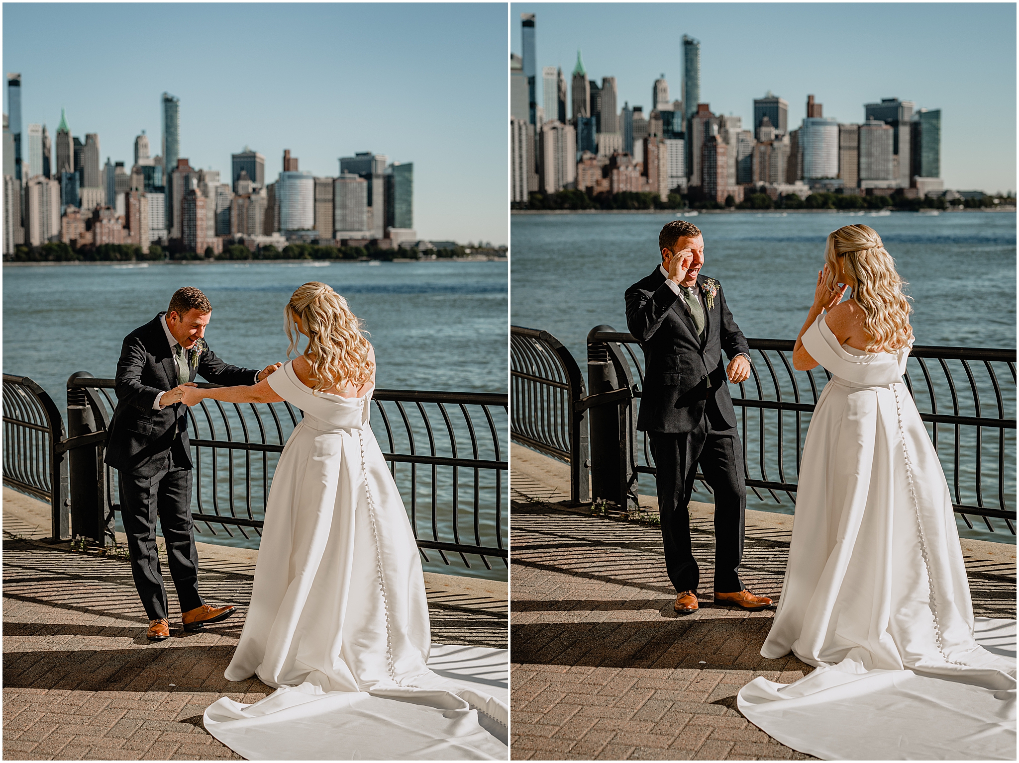 Couple's first look with the stunning NYC skyline as the backdrop at their Colorful Fall Wedding at Liberty House.