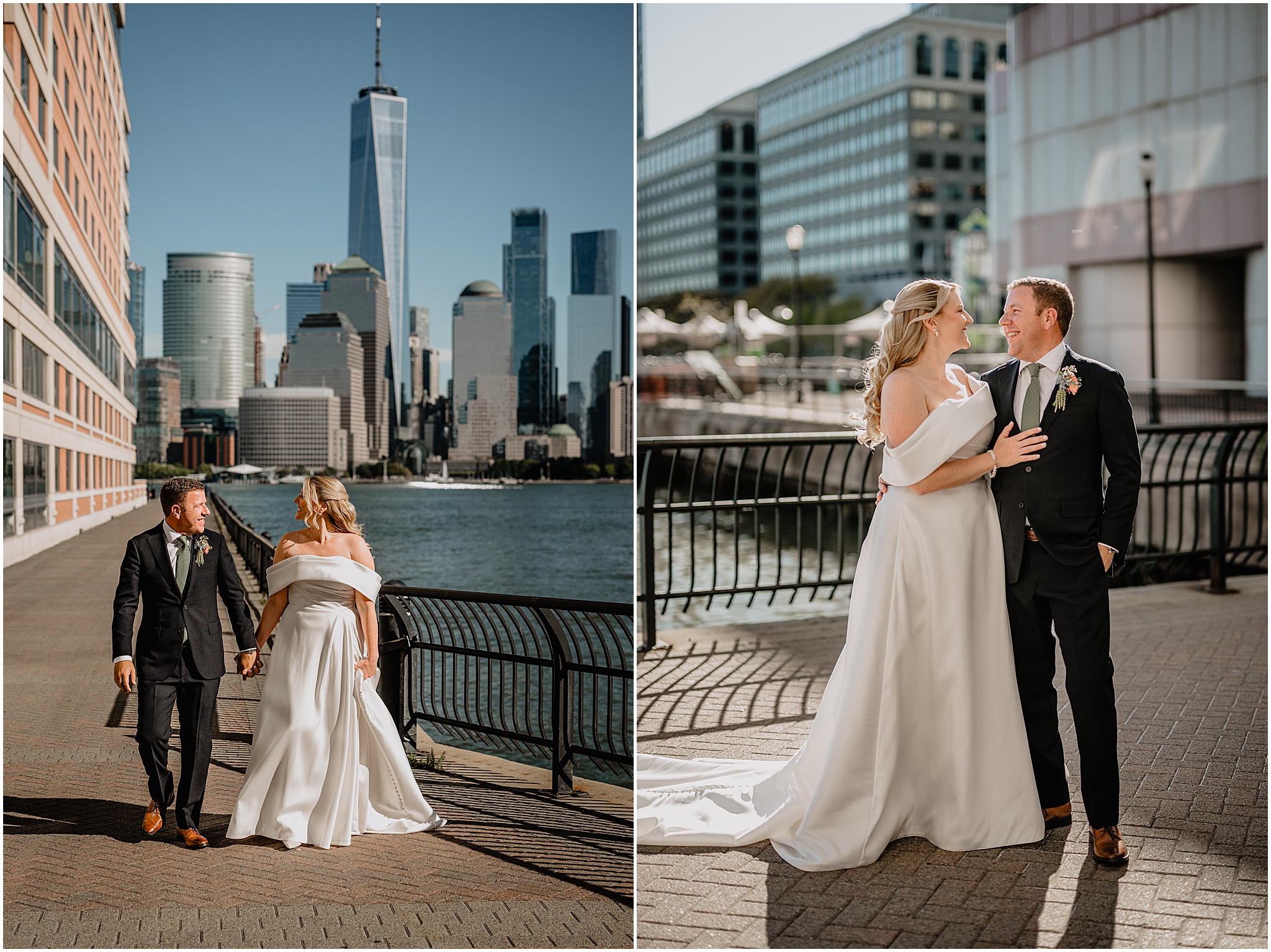 Couple’s portraits with the stunning NYC skyline as the backdrop at their Colorful Fall Wedding at Liberty House.
